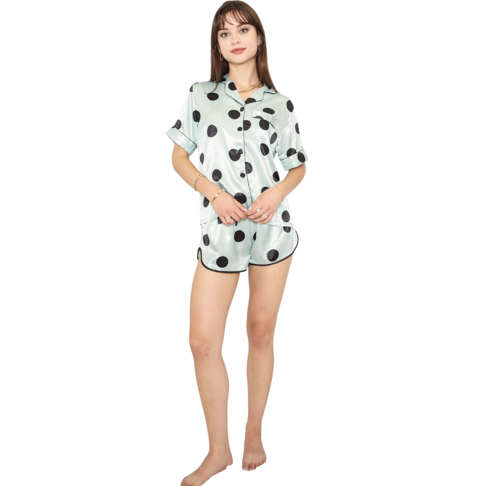 Anna-Kaci Women's Polka Dot Satin Pajama Set with Short Sleeve Button Top and Drawstring Shorts