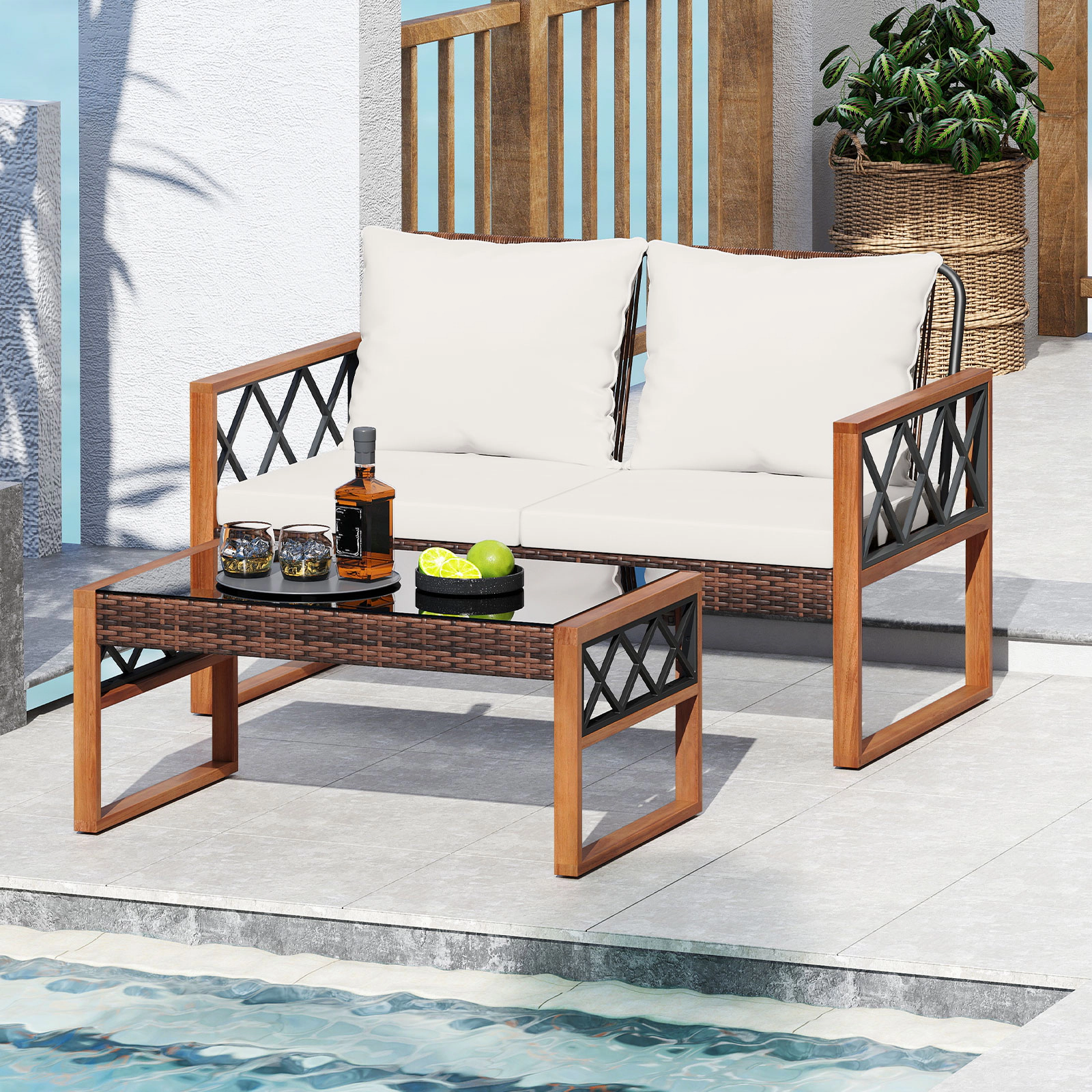 SUGIFT Acacia Wood Accents 2-Piece White PE Wicker Patio Loveseat and Coffee Table Set