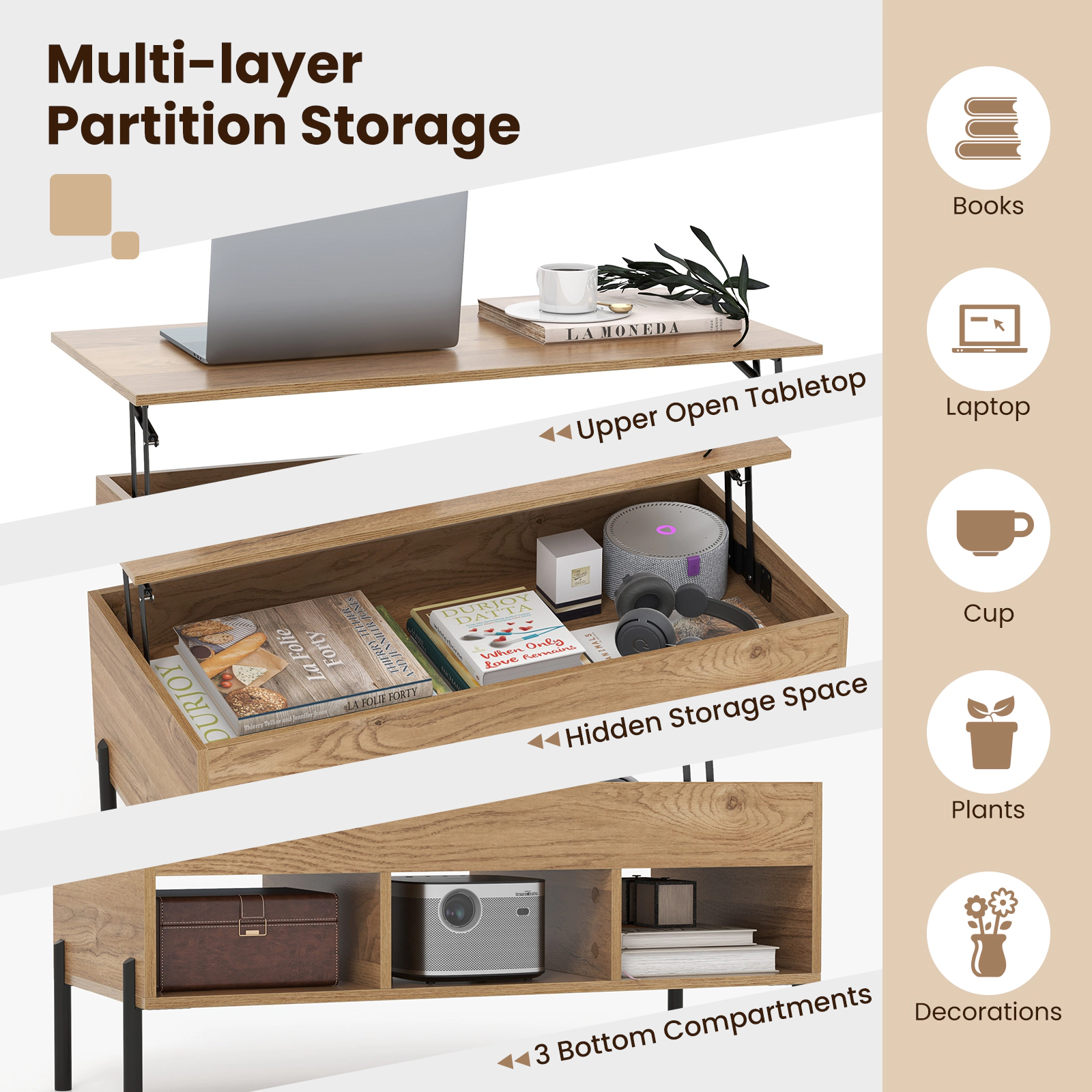 Glintex 39.5-Inch Lift-Top Coffee Table with 3 Open Cubbies and Metal Legs, Natural