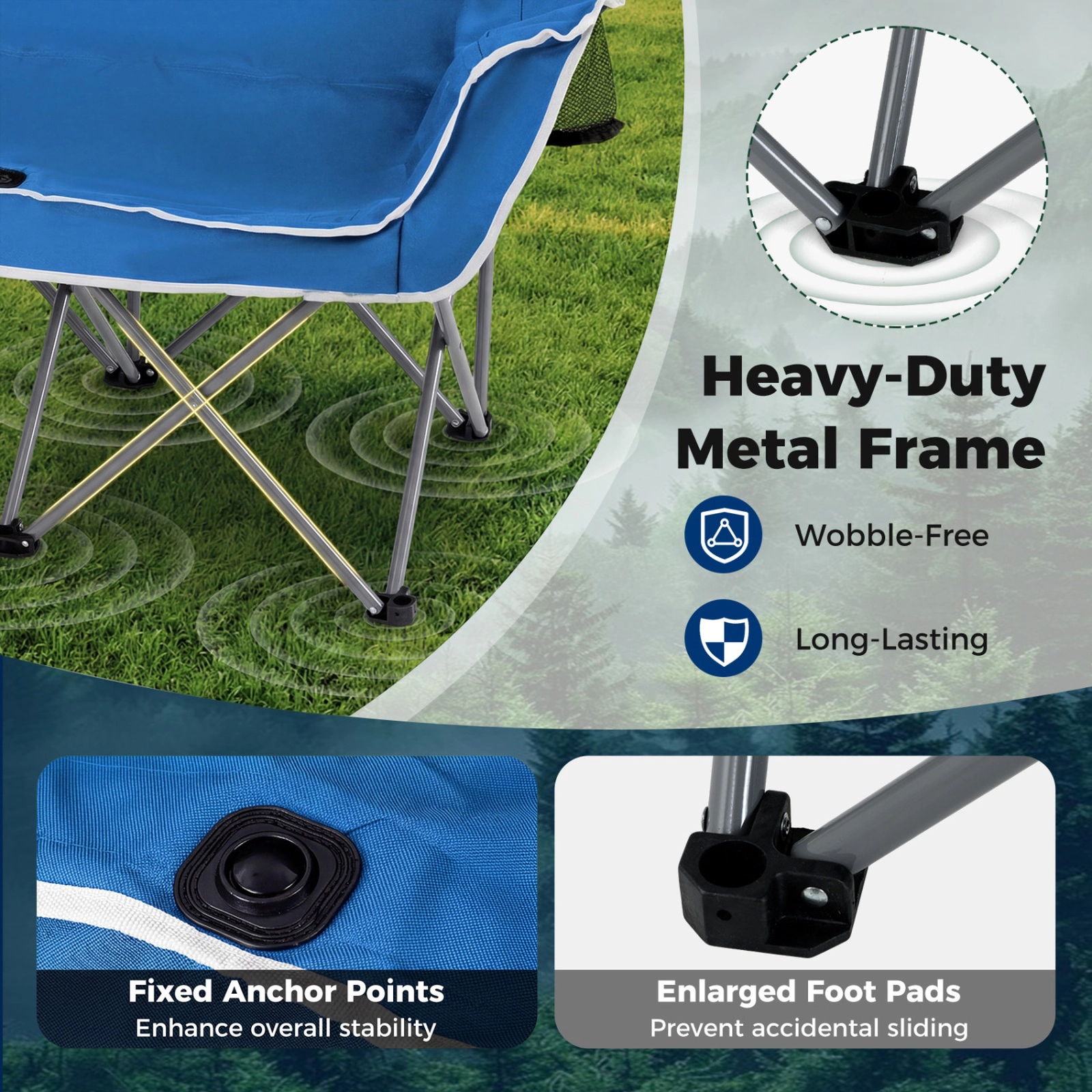 SUGIFT Blue Double Camping Loveseat, 660 lb Capacity, 2 Cup Holders, Armrests and Carry Bag