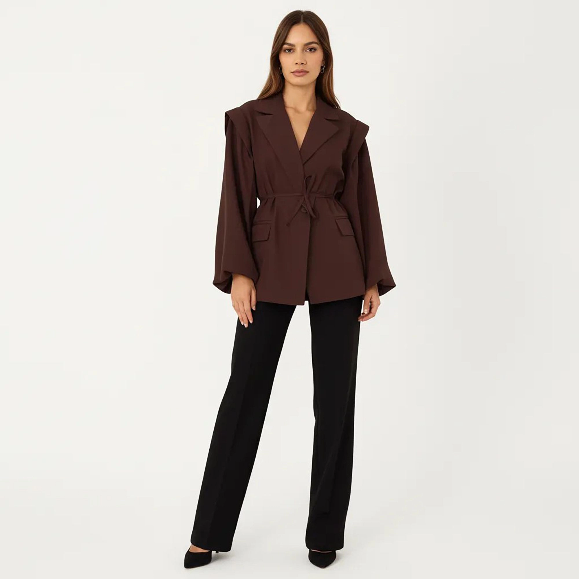 Anna-Kaci Women's Long Sleeve Tailored Blazer with Tie Waist and Structured Lapel