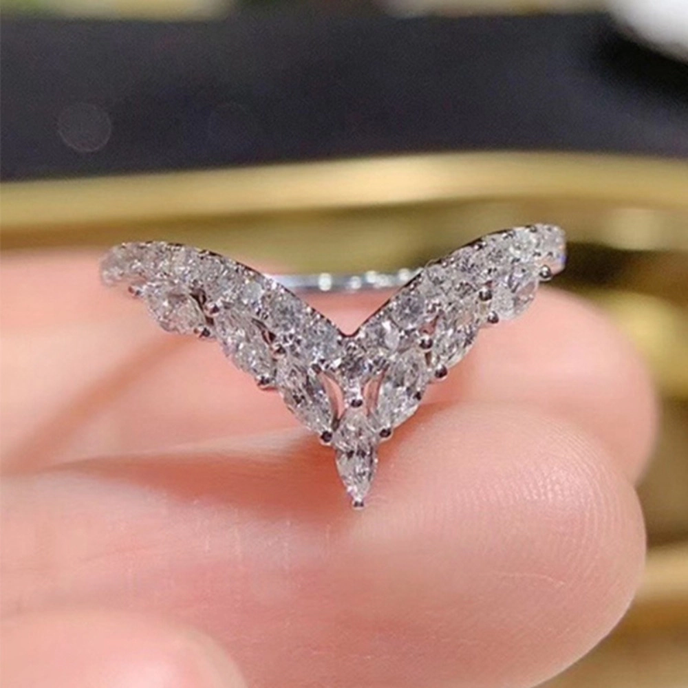 Women's Platinum Plated Fashion Shiny V-Shape Micro-Pave Cubic Zirconia Ring