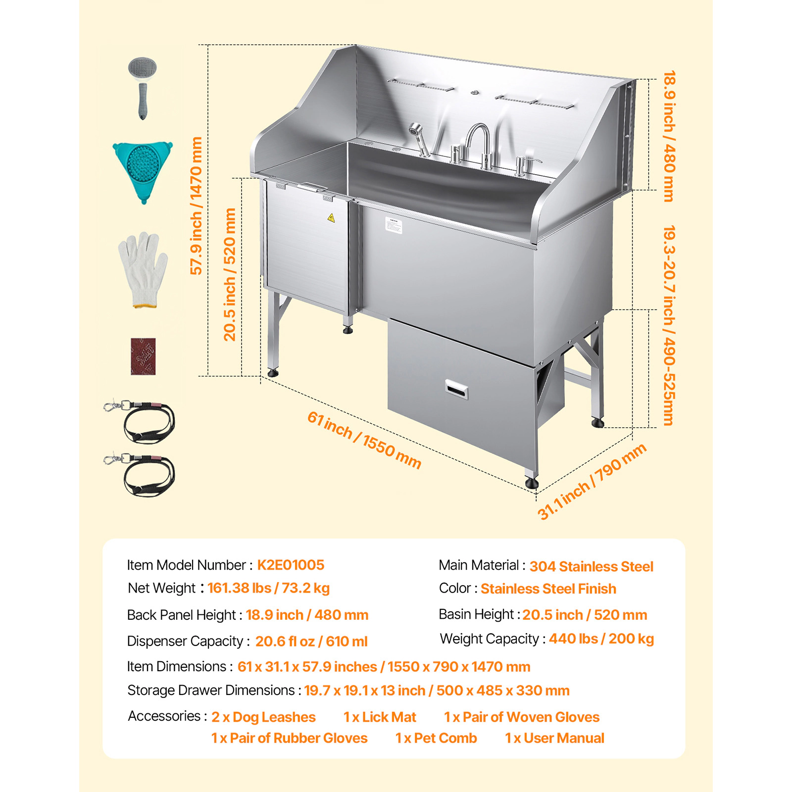 HONGGE 304 Stainless Steel Dog Washing Station, Pet Grooming Tub with Non-Slip Low-Slope Ramp, Storage Drawer