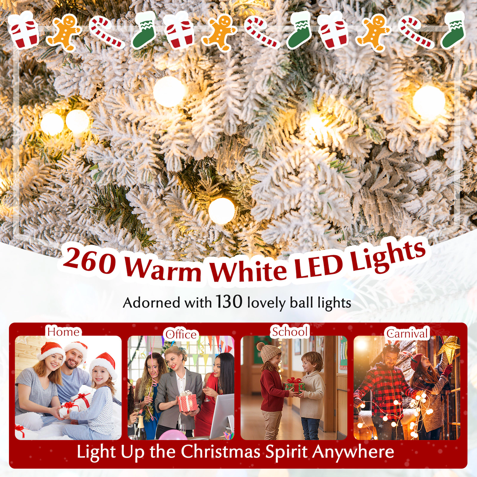 SUGIFT 6 ft Snow Flocked Pre-Lit Christmas Tree with 130 Twinkle Balls and 260 LED Lights