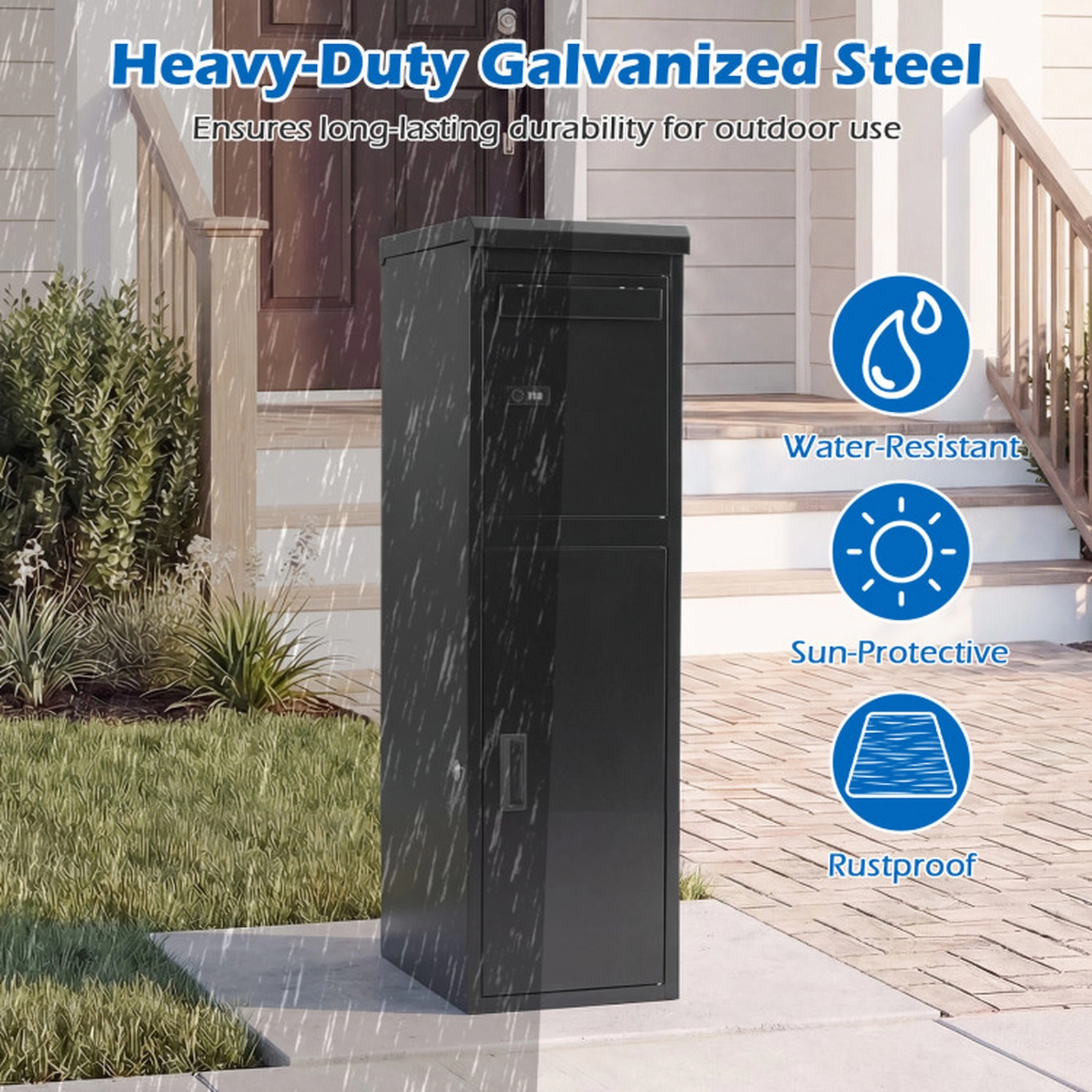 SUGIFT 2-Compartment Coded Lock Galvanized Steel Outdoor Package Delivery Box 13-in x 17-in x 44-in 110-lb Black