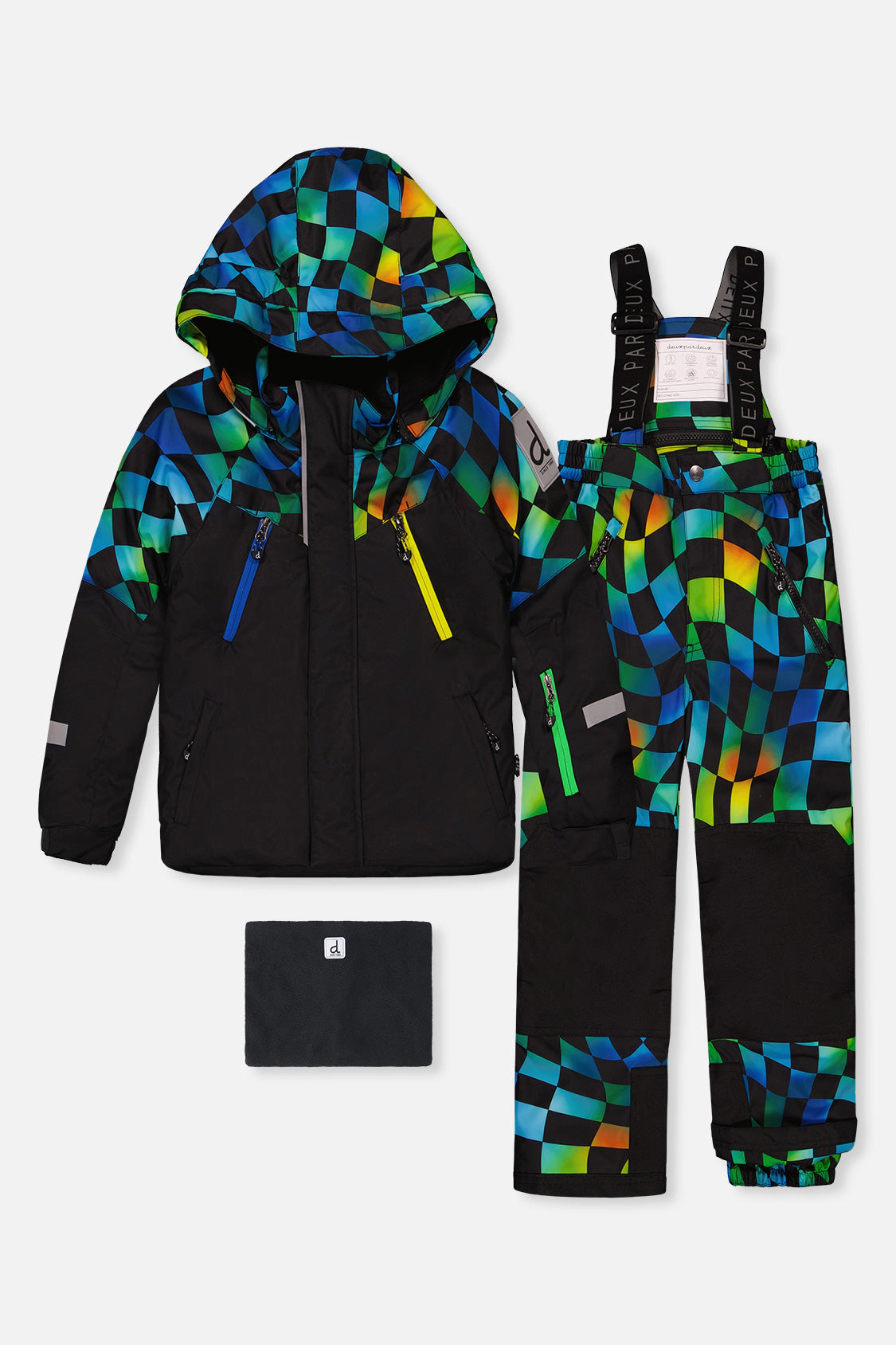 Deux par Boys Colorblock Two Piece Play Snowsuit with Hooded Jacket and Checkerboard Snow Pants
