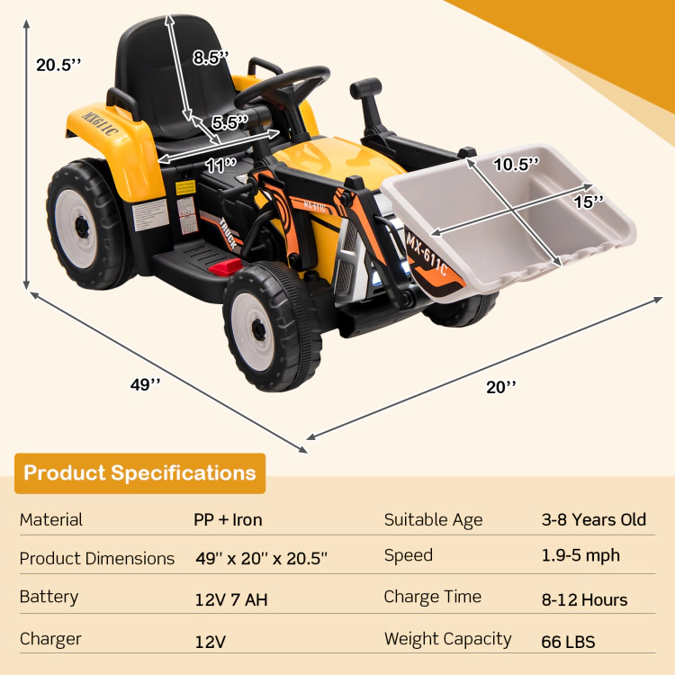 Hivvago 12V Battery Powered Kids Ride on Excavator with Adjustable Arm and Bucket