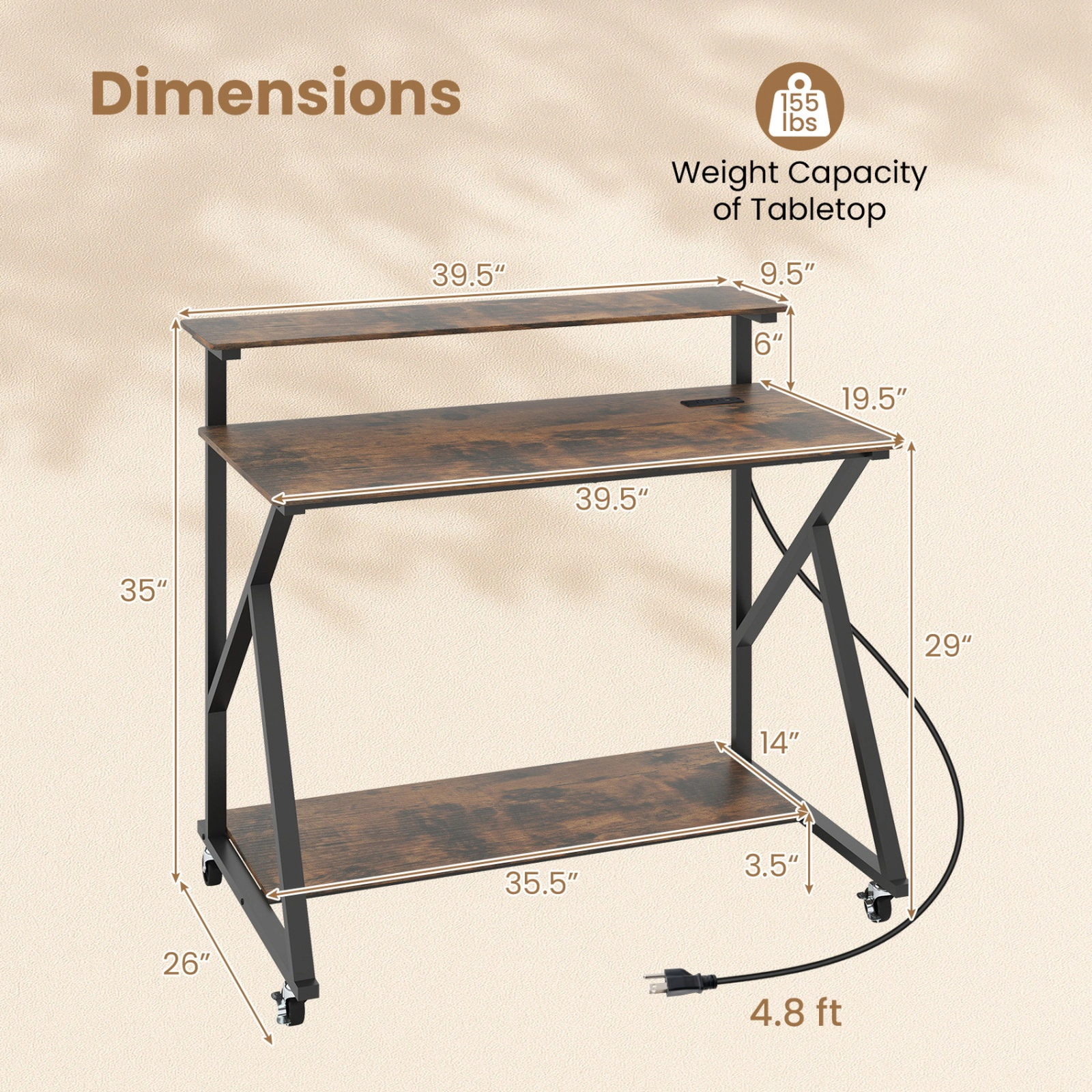 SUGIFT 39.5 in Rolling Computer Desk Rustic Brown with Charging Station and Monitor Shelf