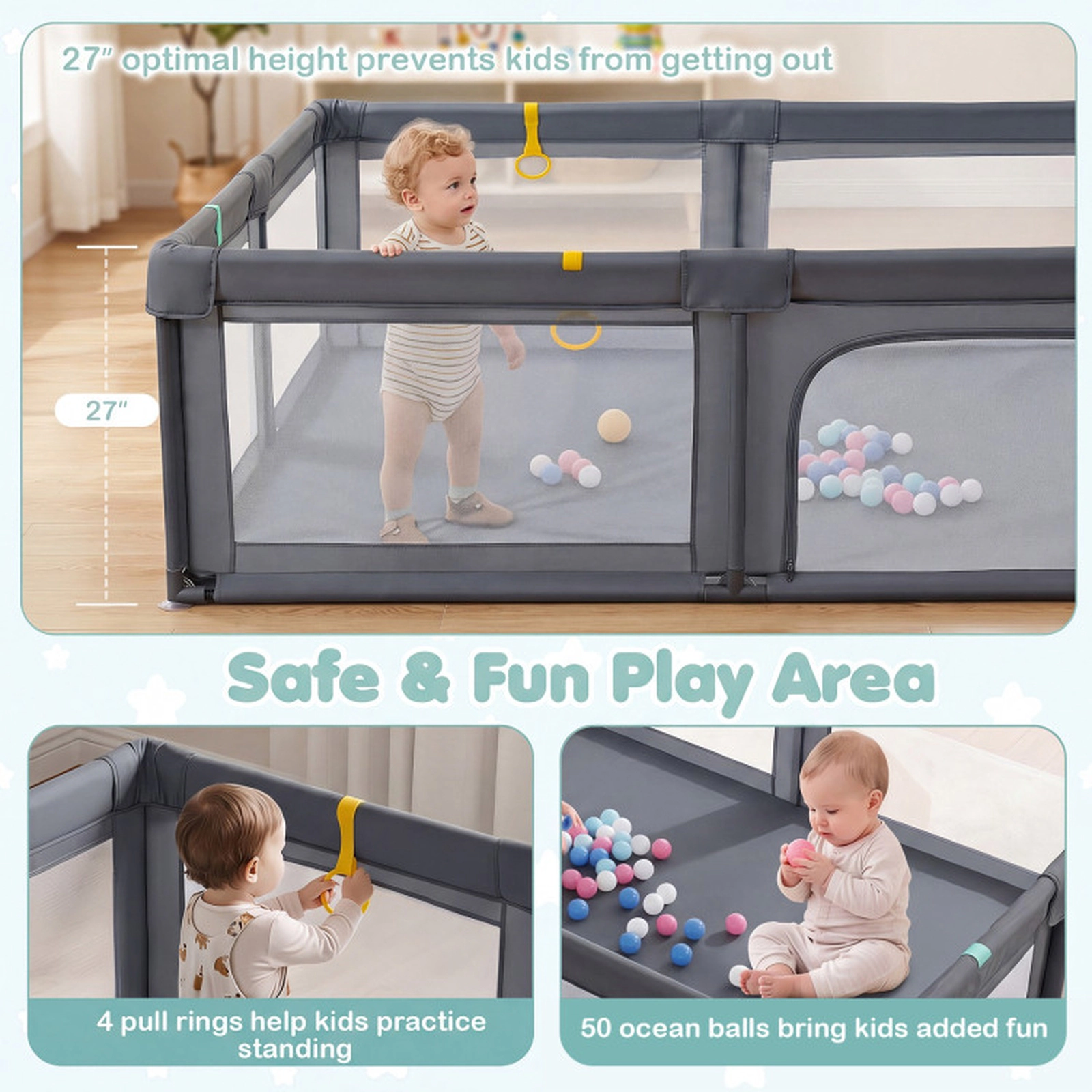 SUGIFT 79-in Sponge Padded Baby Playpen with Wear-Resistant Oxford Anti-Slip Suction Cups and 50 Ocean Balls