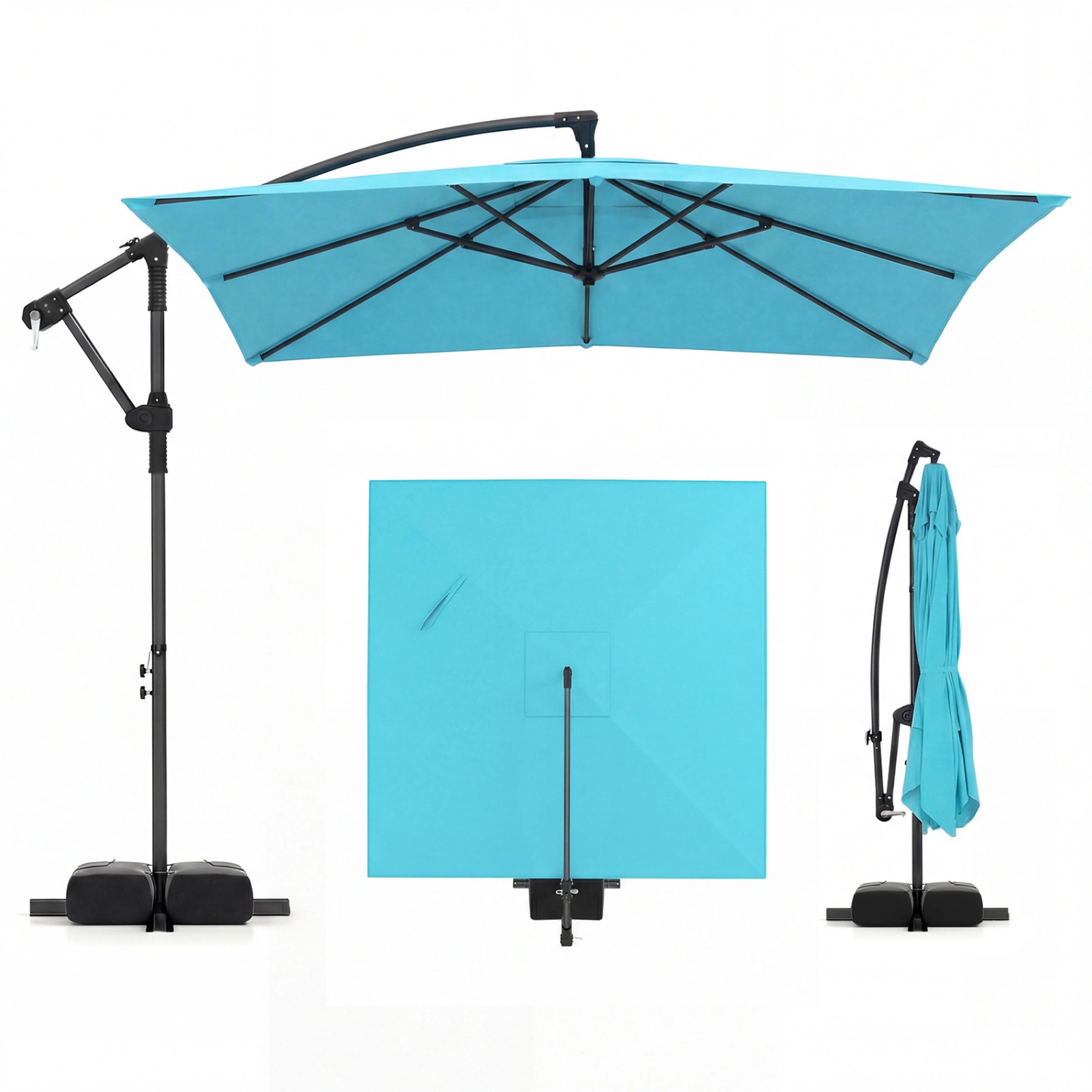 SUGIFT 8 x 8-ft Offset Cantilever Square Patio Umbrella 360° Rotation Double-Tier Canopy 116-lb Base Capacity Turquoise