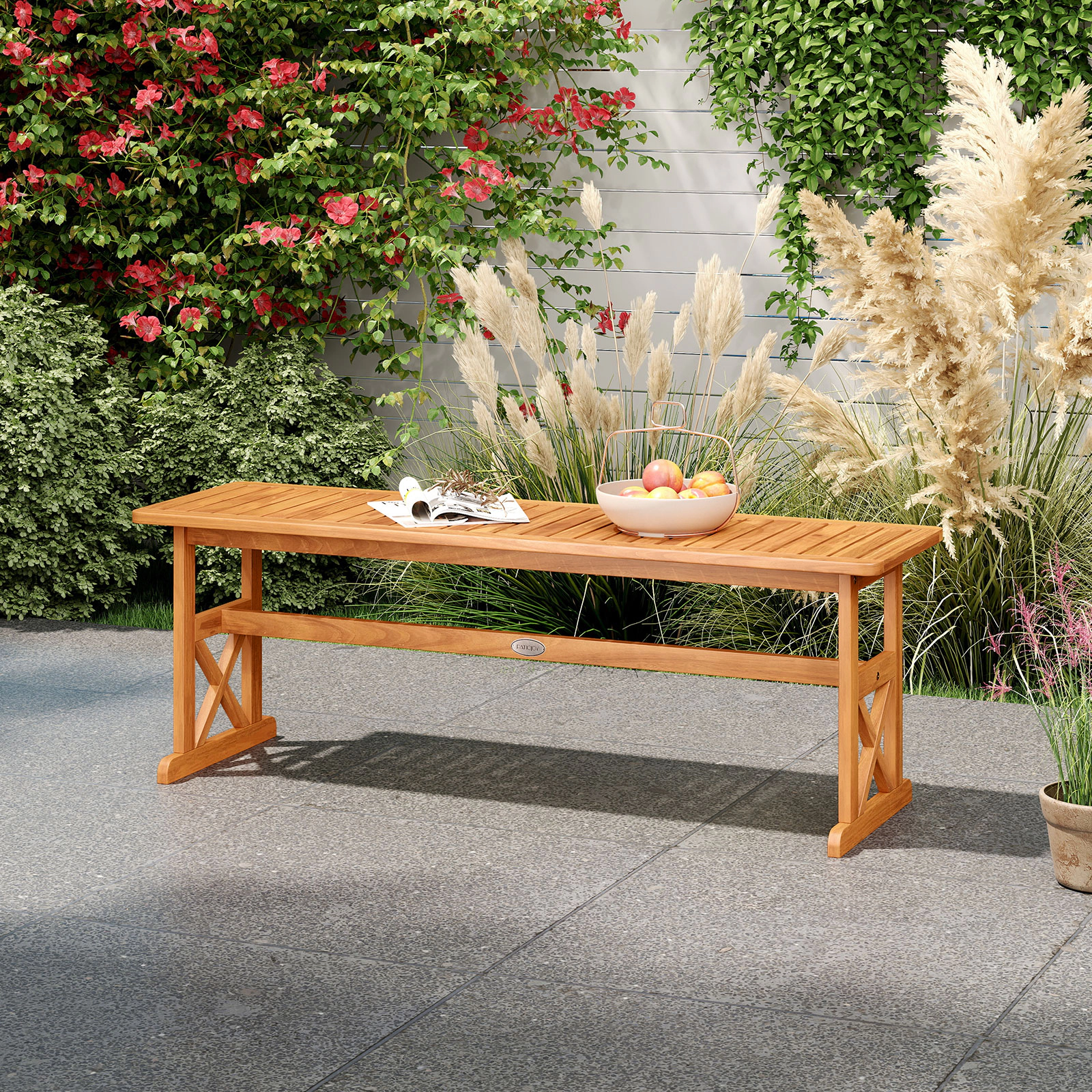 SUGIFT 51-in Outdoor Acacia Wood Bench Slatted Seat 800-lb Capacity Natural 18-in High 1-Piece Outdoor Dining & Garden