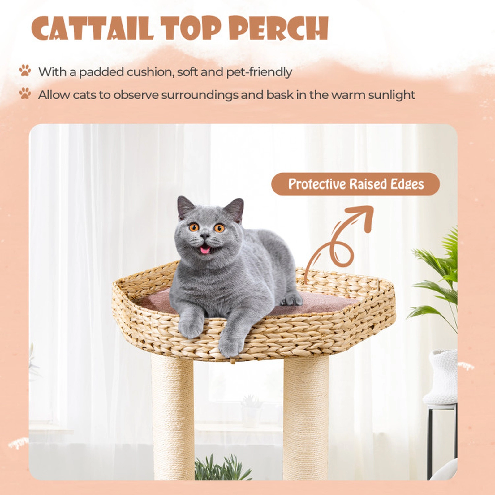 SUGIFT Coffee 4-Layer Cat Tower with Cattail Perch Condo and Washable Cushions