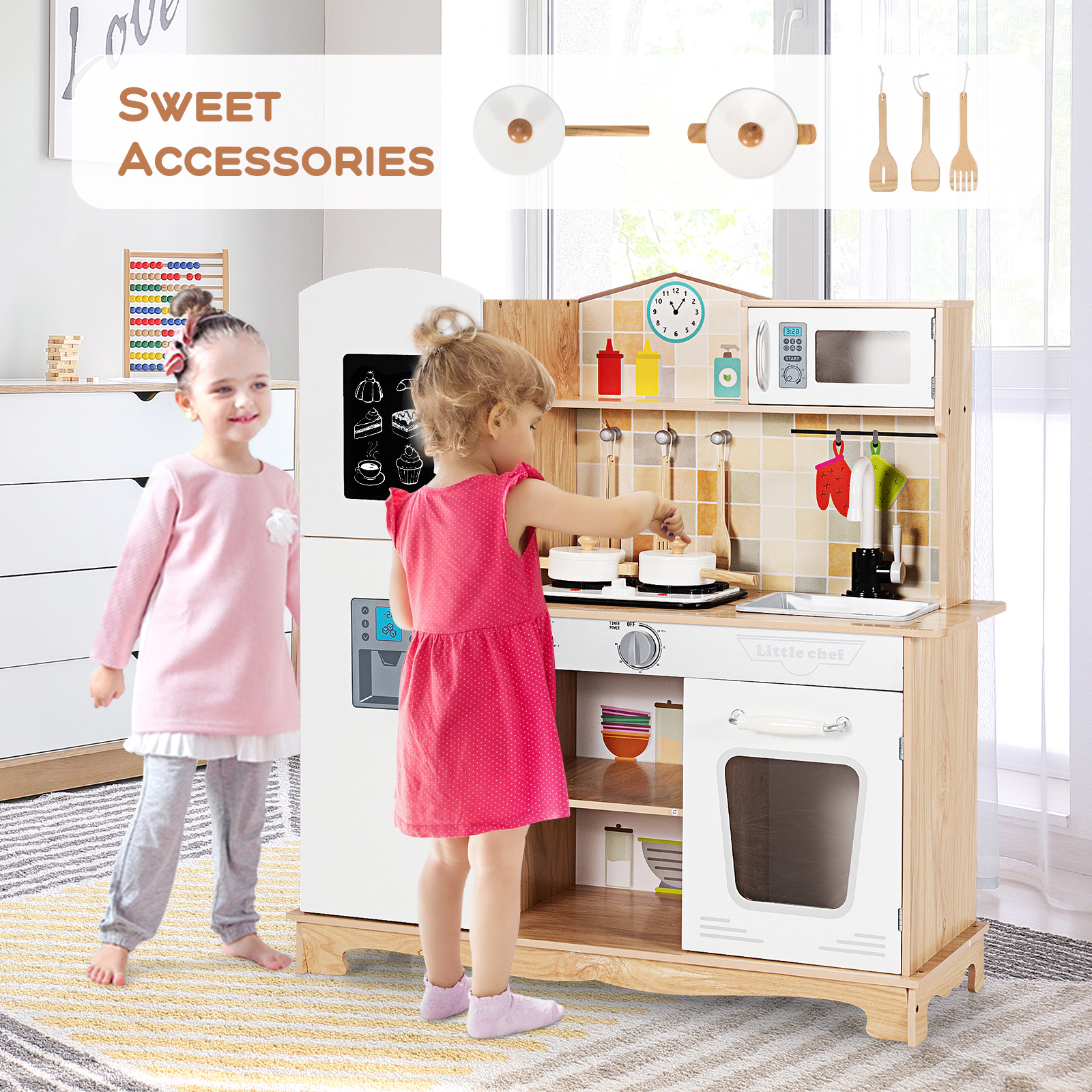 Wooden Play Kitchen Set for Kids Ages 3-7 with Rotating Faucet Oven Microwave and 5-pc Cookware 32-in x 11.5-in x 35-in