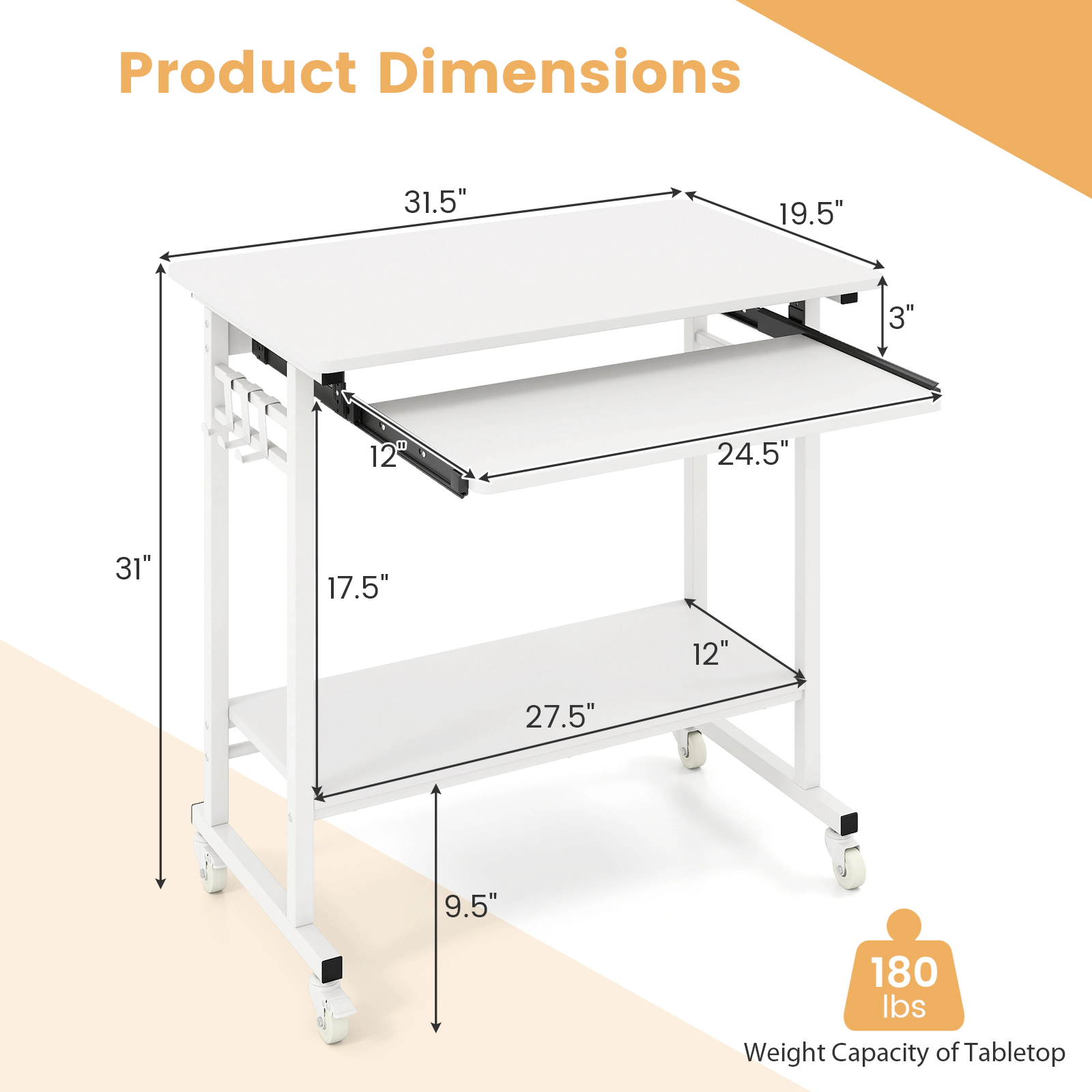 SUGIFT Rolling Laptop Table with Pull-out Keyboard Tray, Hooks and Bottom Shelf 160-lb Tabletop Capacity White