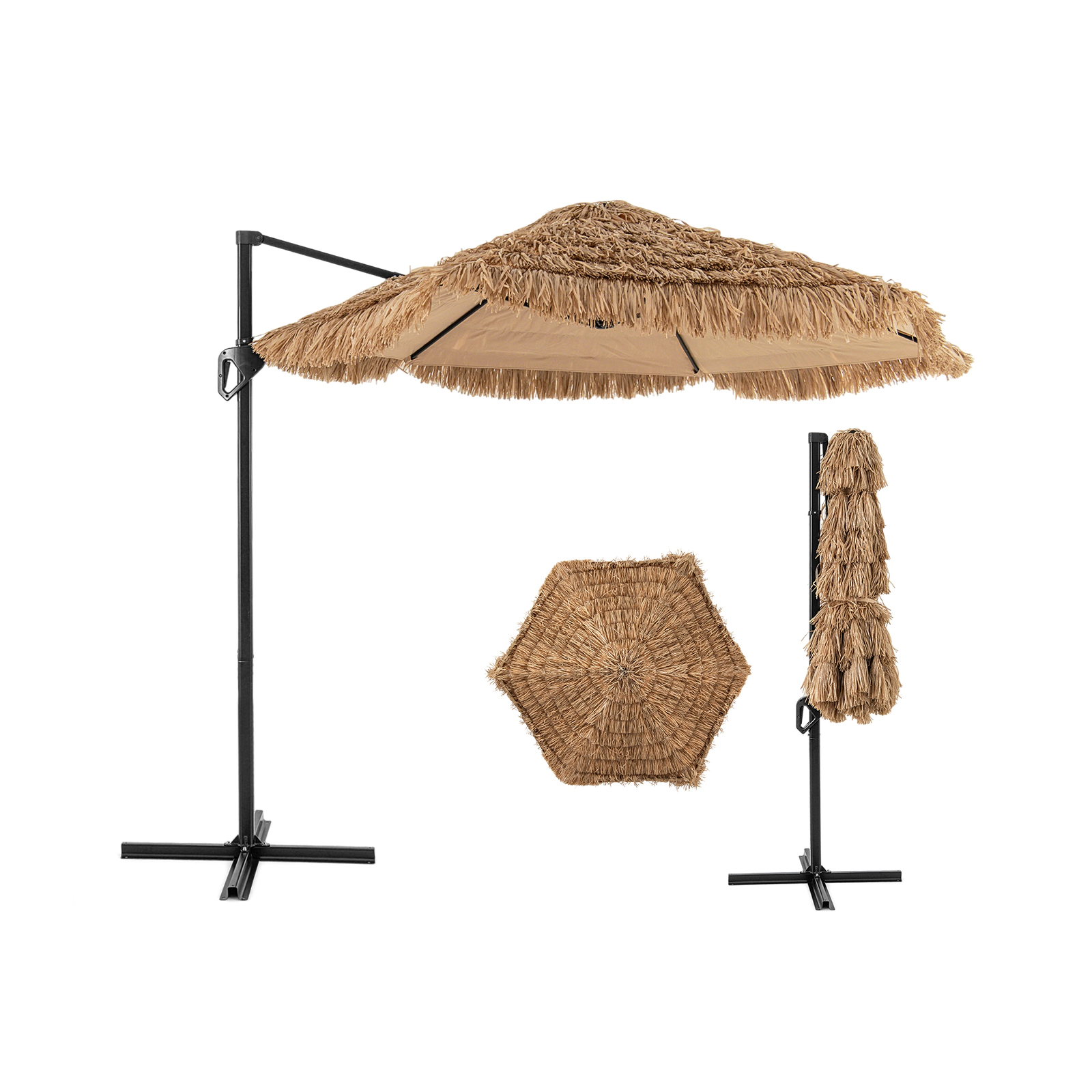 SUGIFT Cantilever Tiki Patio Umbrella with Double-Tier Offset Hanging Canopy Natural+Black