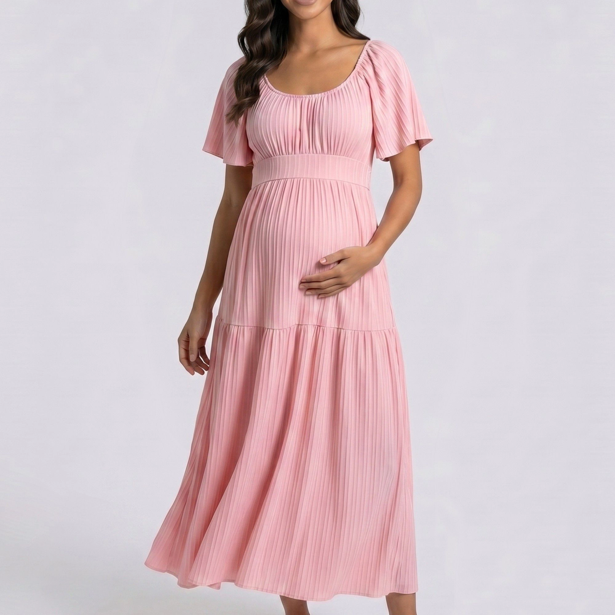 Anna-Kaci Women's Pleated Flutter Sleeve Tiered Skirt Maternity Maxi Dress