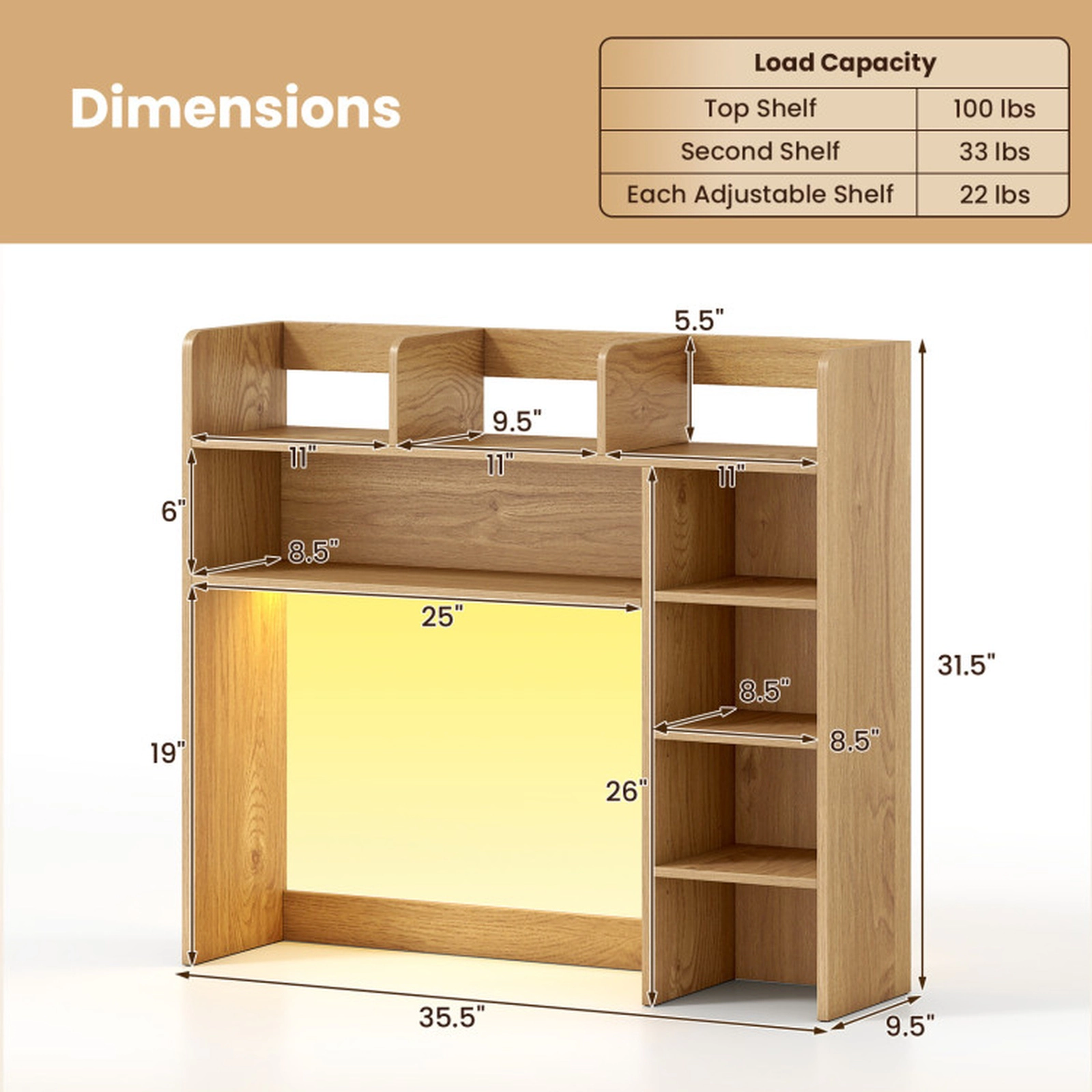 SUGIFT RGB LED Light Desktop Bookshelf Desk Hutch Storage Organizer 35.5-in Wide 100-lb Top Shelf Capacity Natural