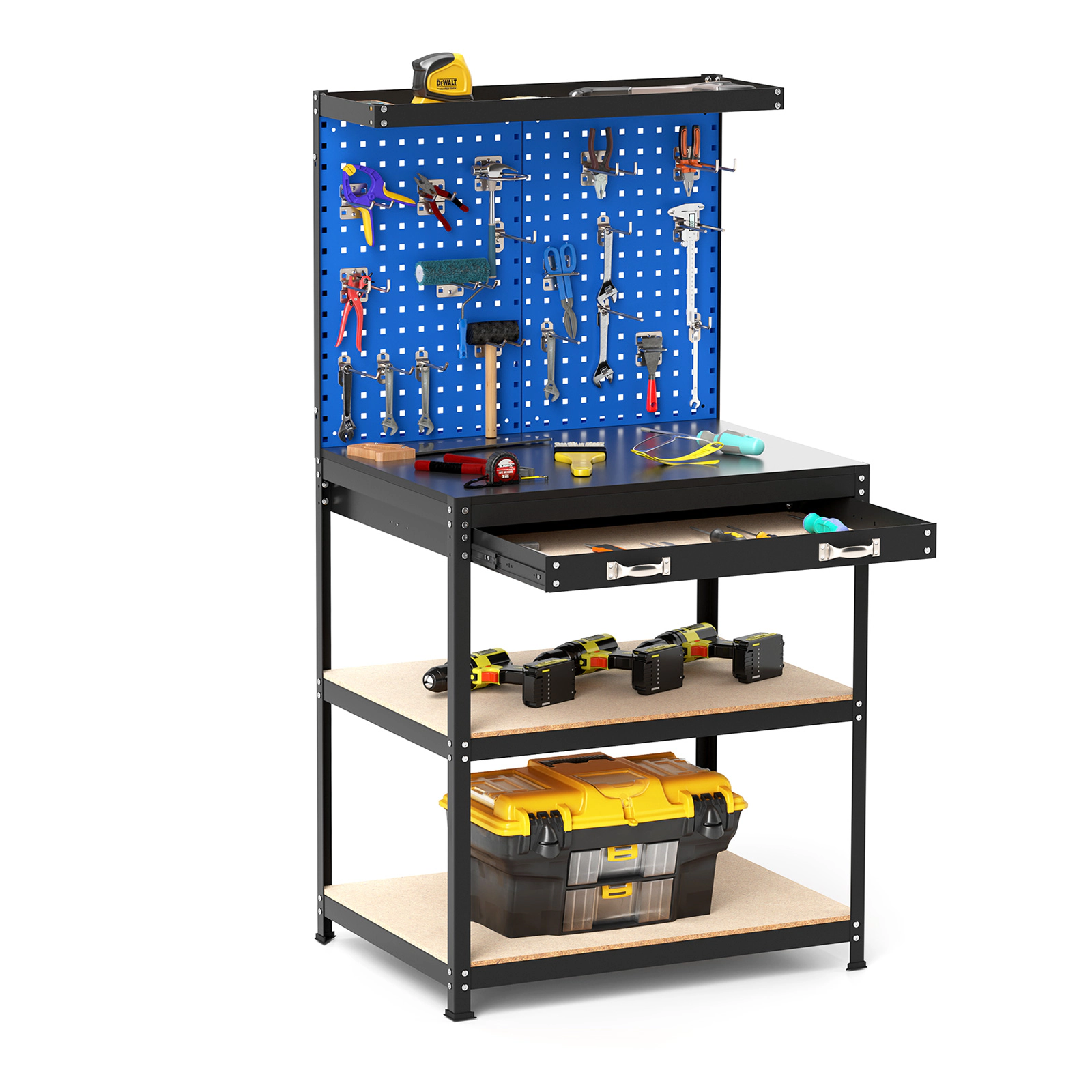 SUGIFT 2 Pegboards Drawer Shelves Workbench Tool Table 32-in x 16-in x 62-in 495-lb Capacity 220-lb Tabletop Navy