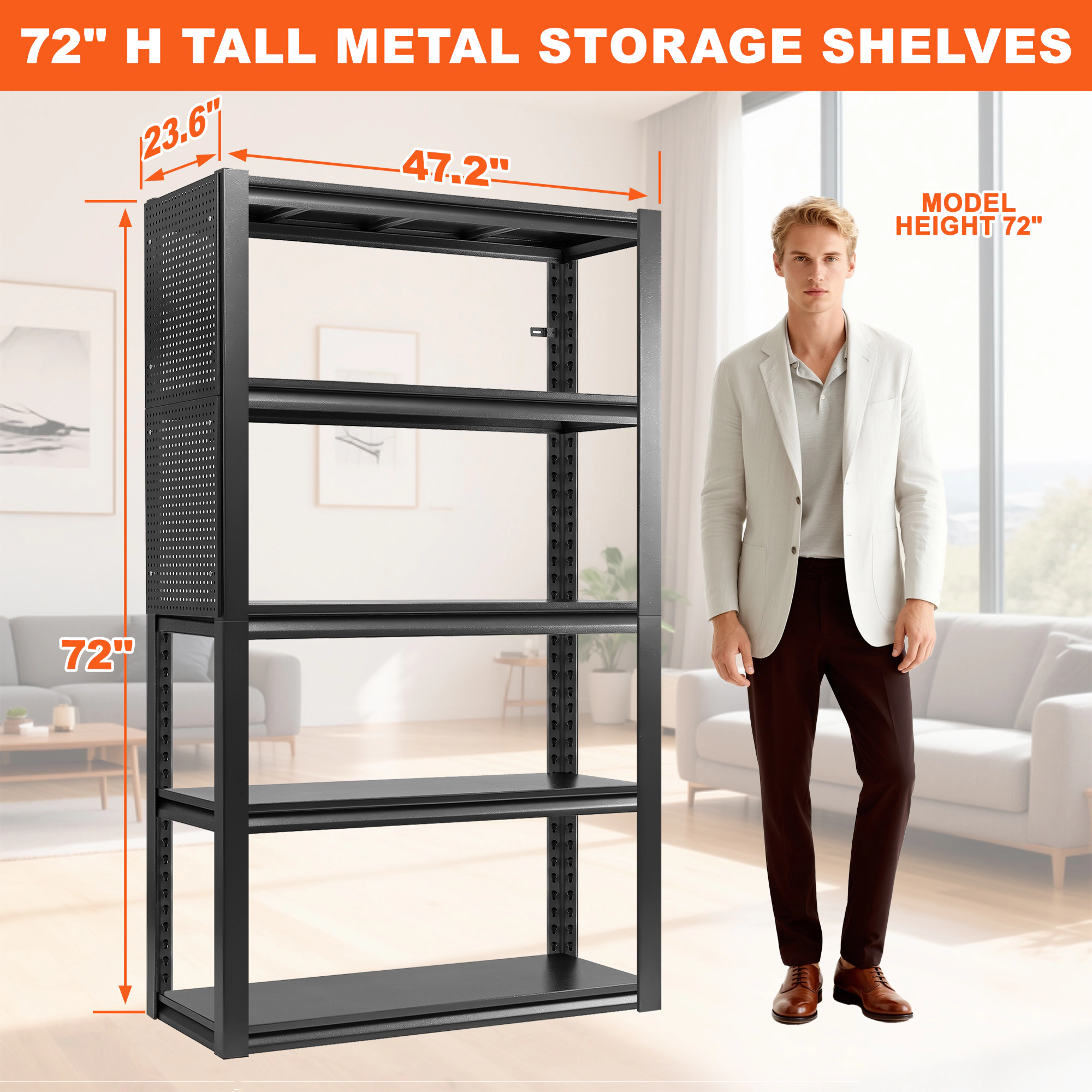Flynama 5 Tier Black Metal Utility Shelving 47.2W x 23.6D x 72H in with Pegboard Solid Ventilated Shelves Heavy Duty