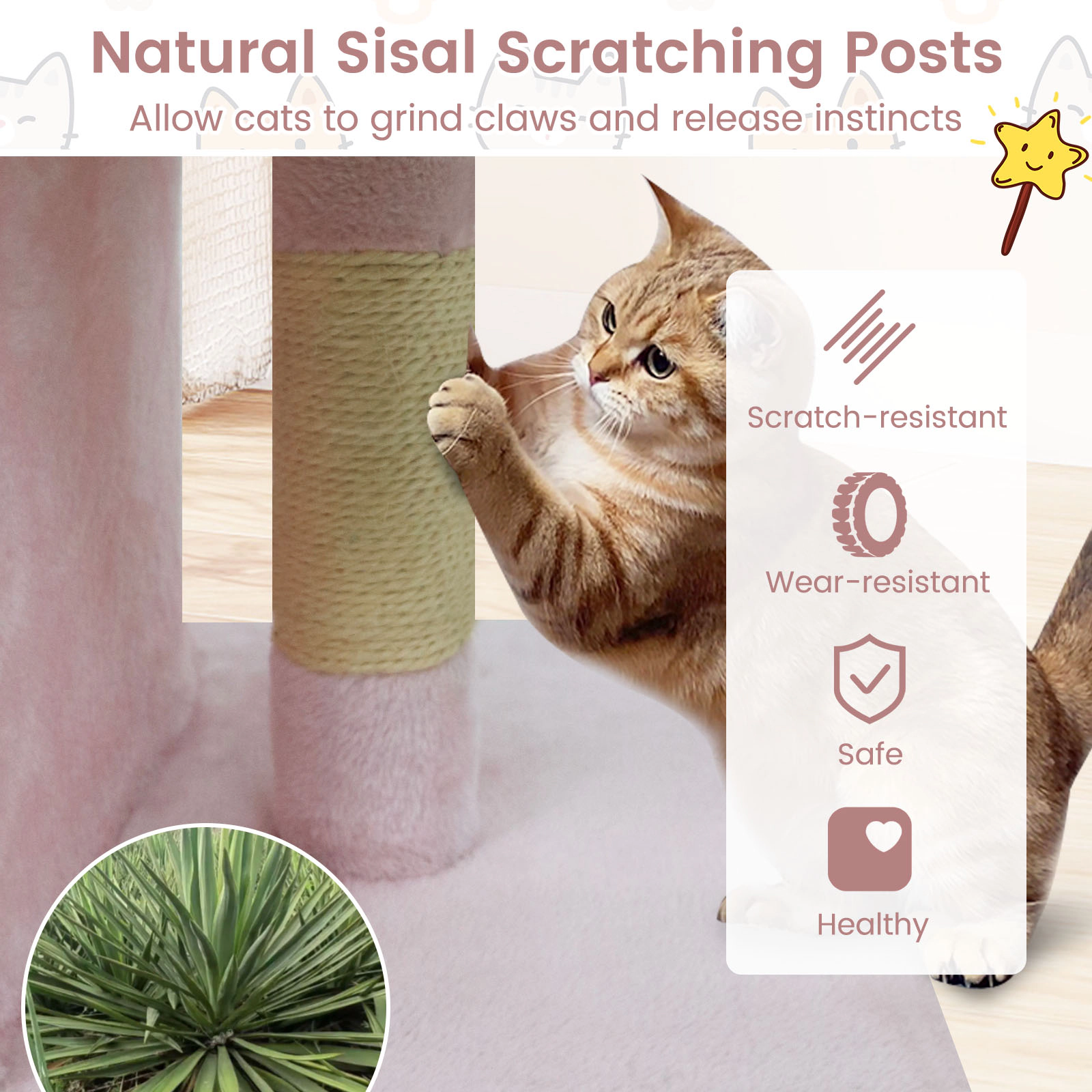 SUGIFT 25.5-in Pink Space-Saving Modern Cat Tree Tower with 19-in Perch 2 Condos and Sisal Posts