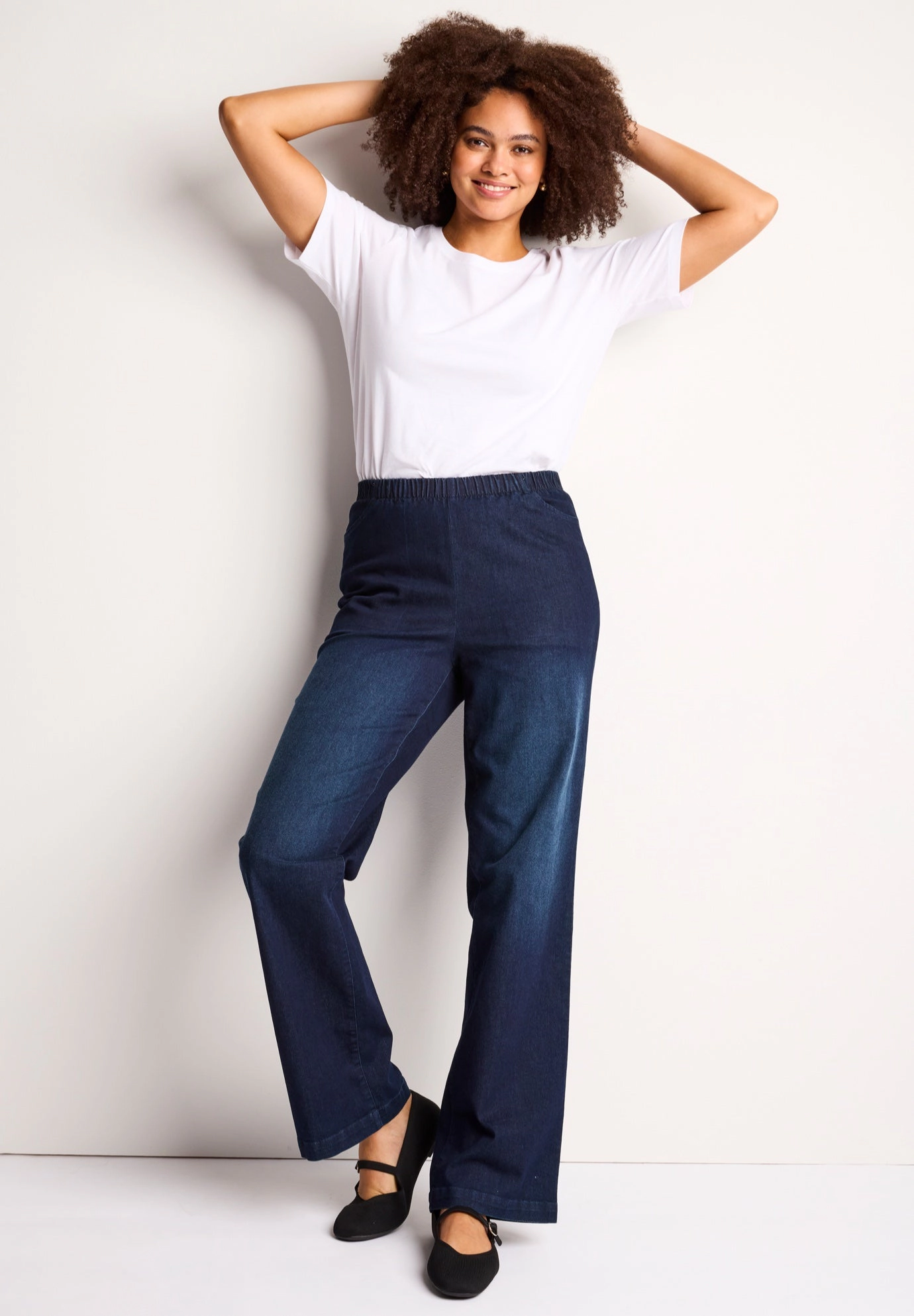 Woman Within Plus Fineline Stretch Denim Wide-Leg Pull-On Jeans