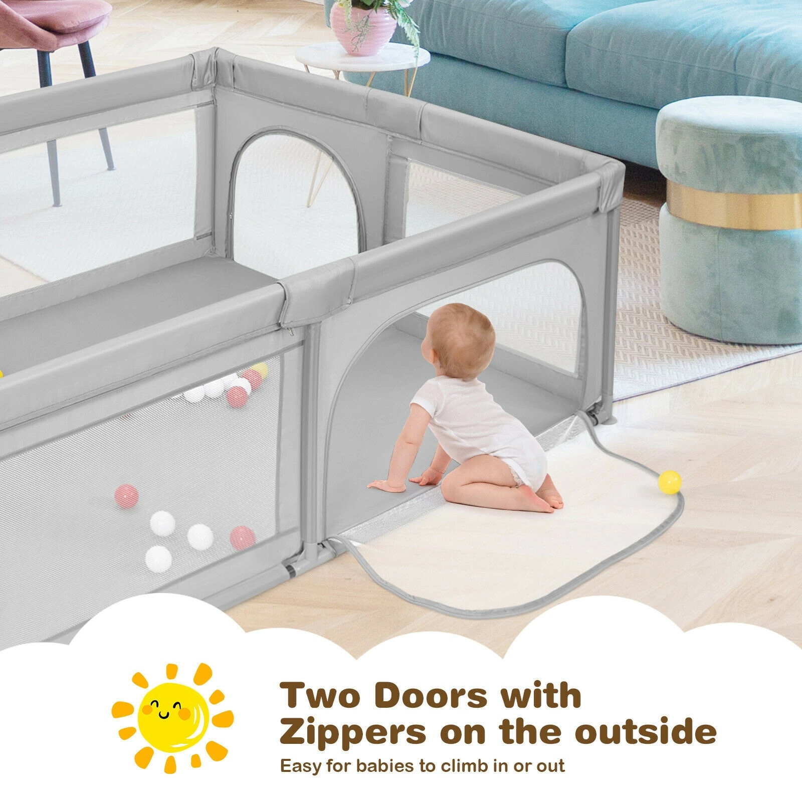 SUGIFT 81-in Extra Large Baby Safety Fence with 360-Degree View 27-in Standing Panels and 50 Ocean Balls