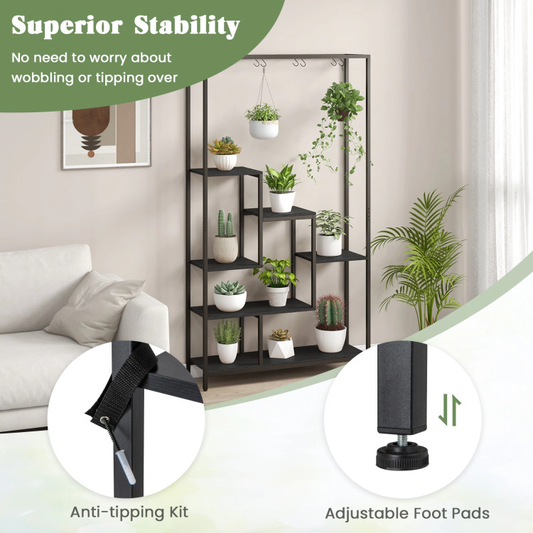 Hivvago 6-Tier Tall Plant Stand 71 Inch Metal Indoor Plant Shelf with 10 Hanging Hooks