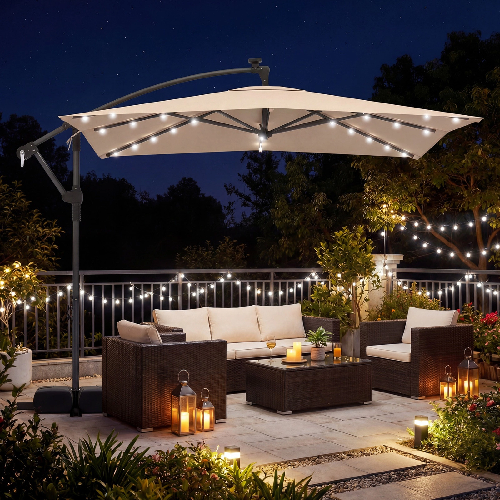 SUGIFT 8-ft Rustic Brown Square Solar LED Offset Patio Umbrella with 360-Degree Rotation and Sandbag Cross Base