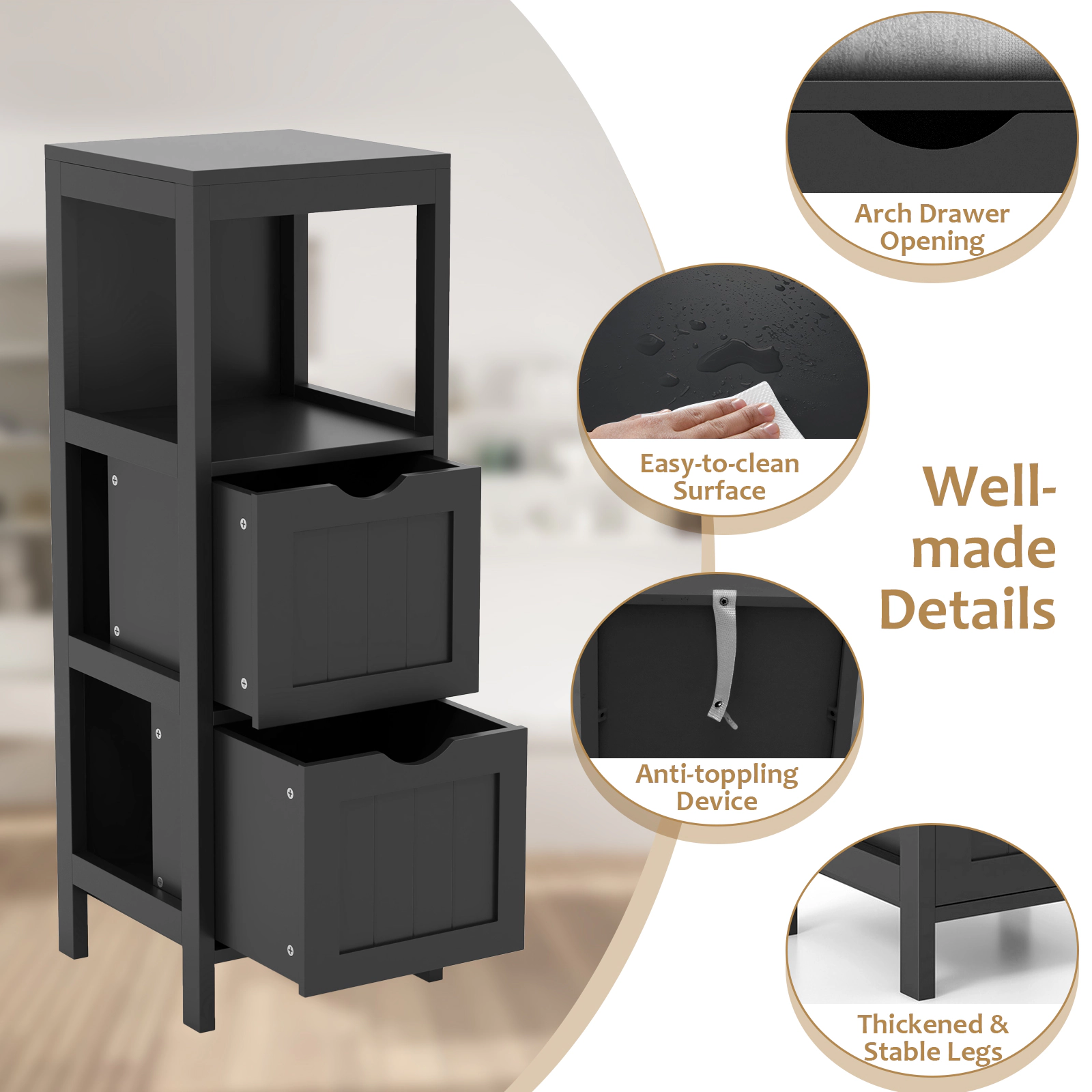 SlickBlue Bathroom Floor Cabinet with Drawers and Open Shelf