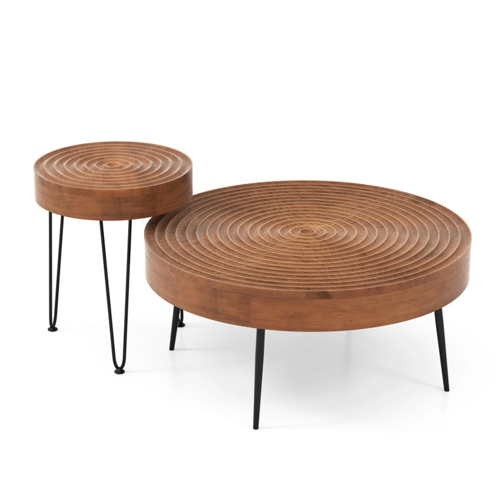 SUGIFT Set of 2 Solid Pine Wood Ring Pattern Farmhouse Round Coffee Tables 180-lb and 135-lb Capacity Natural