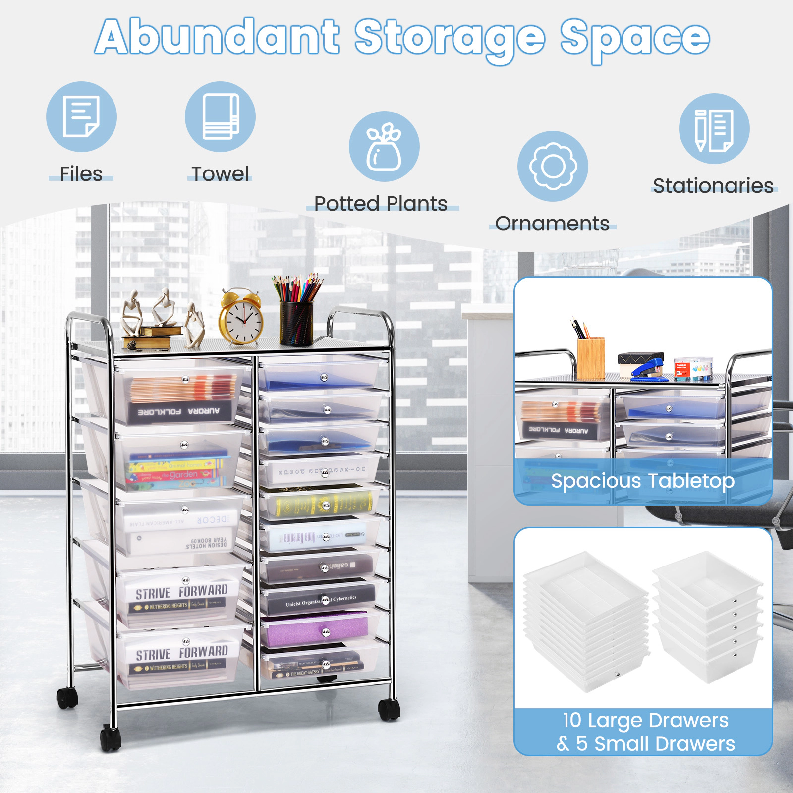 SUGIFT Clear 34-in 15-Drawer Rolling Cart Small Parts Organizer for Garage Hardware with Locking Casters