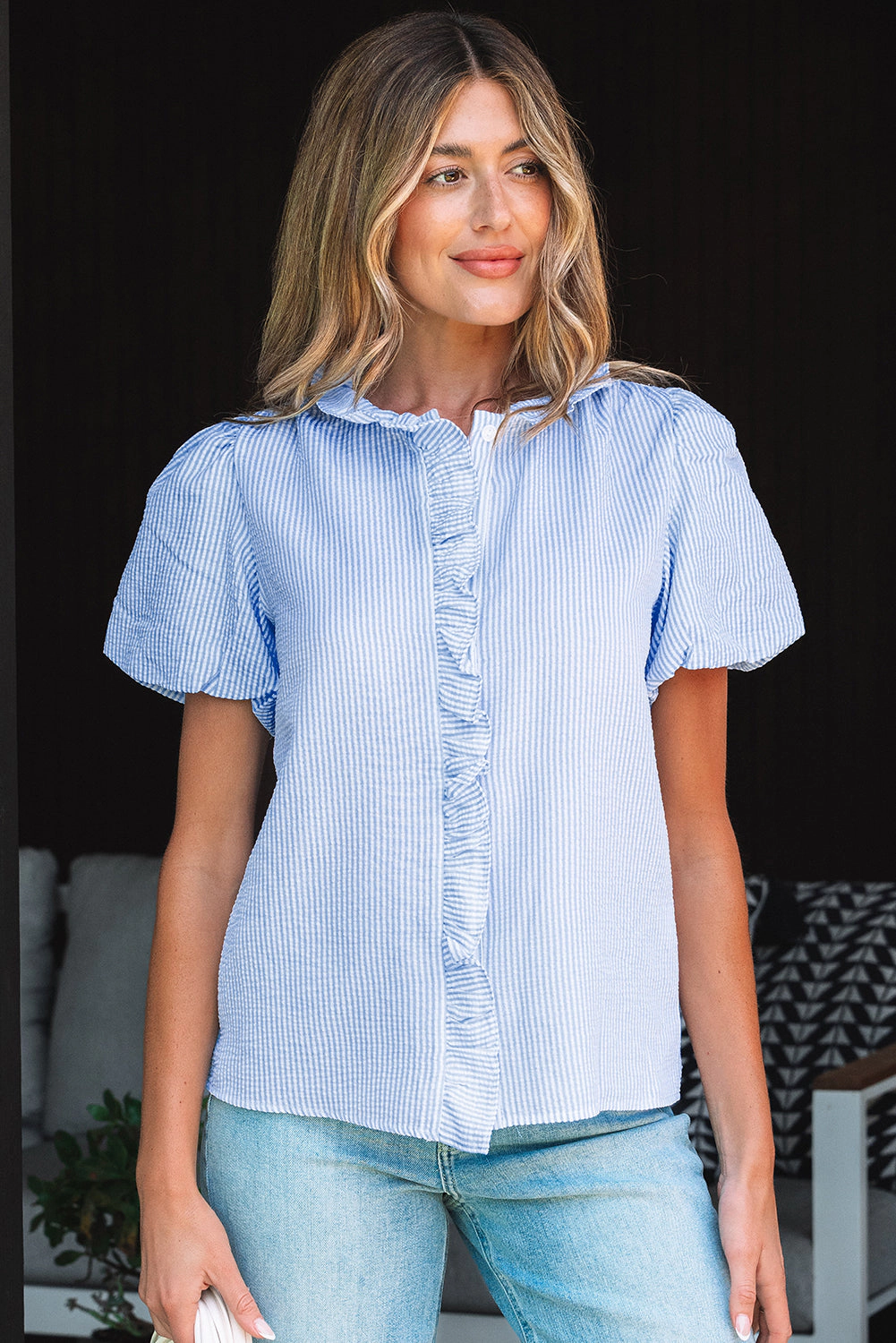 Threaded Pear Womens Monica Short Bubble Sleeve Shirt - Beau Blue, 100% Polyester
