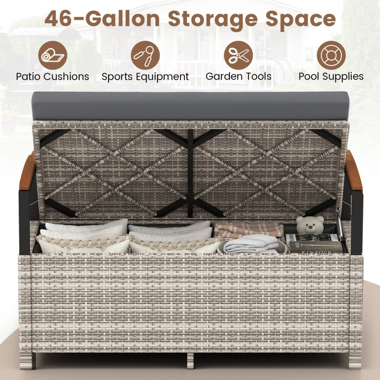 SUGIFT Gas Strut Lid 46-Gallon Acacia Armrests PE Rattan Storage Bench 47-in x 24-in x 33-in 800-lb Capacity Gray