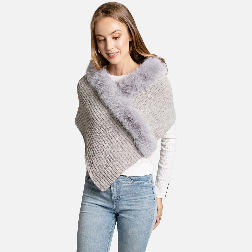 TRUEDAMES Women Faux Fur Trim Solid Knitted Rib Shawl Wrap