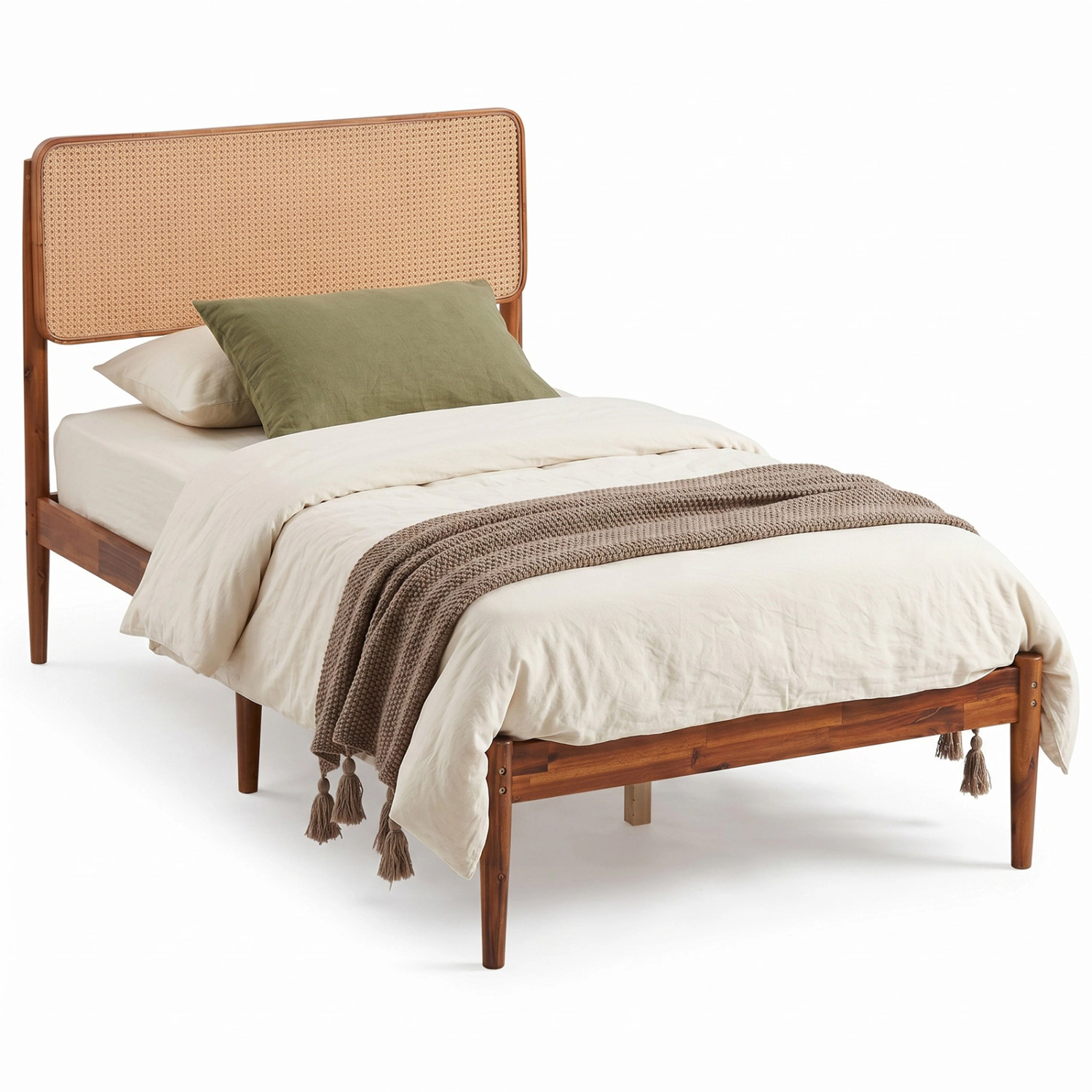 LJG Wooden Boho Rattan Brown Bed Frame with Wooden Slat Support