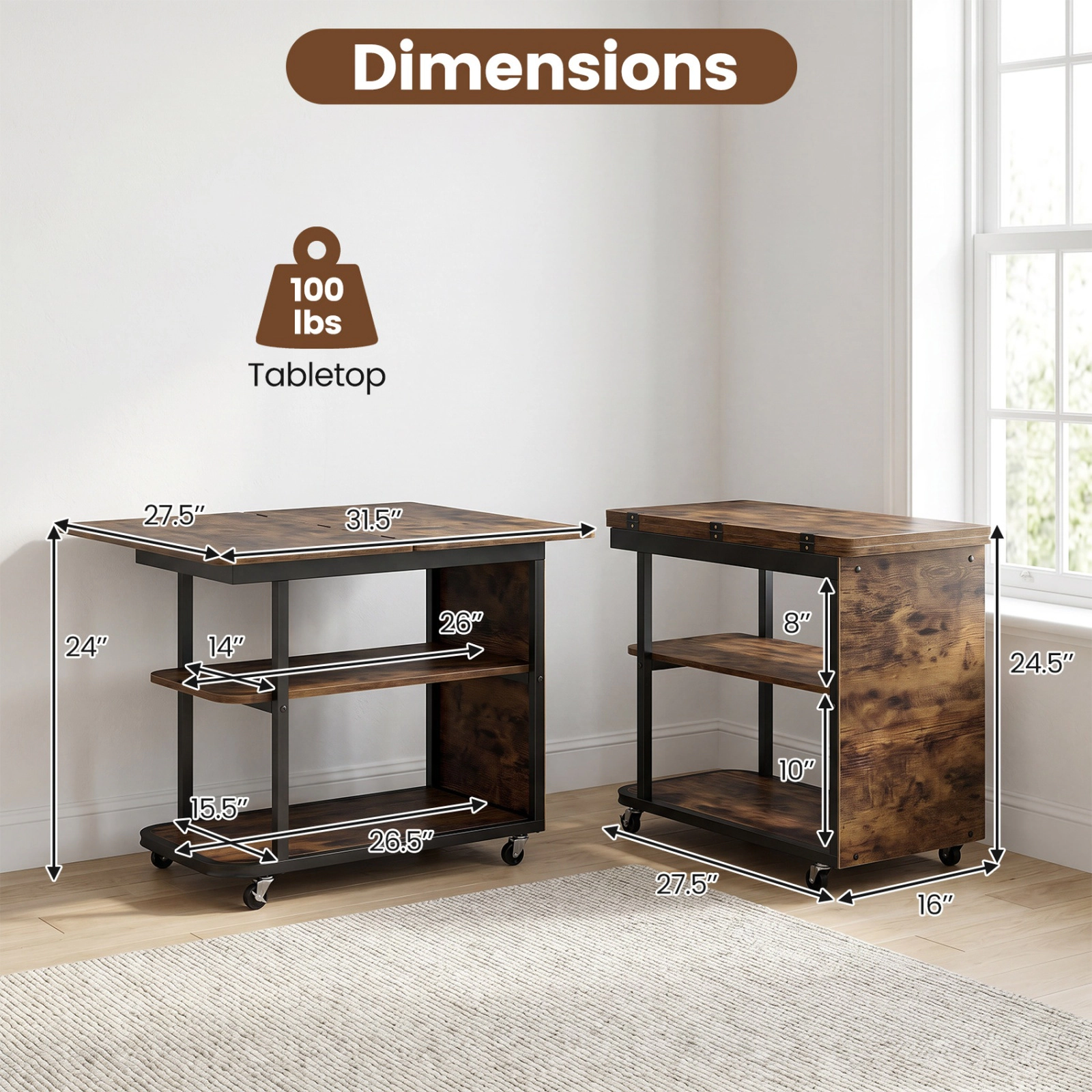 SUGIFT Mobile Nightstand Rustic Brown with 360 Degree Swivel Foldable Top and 2 Shelves