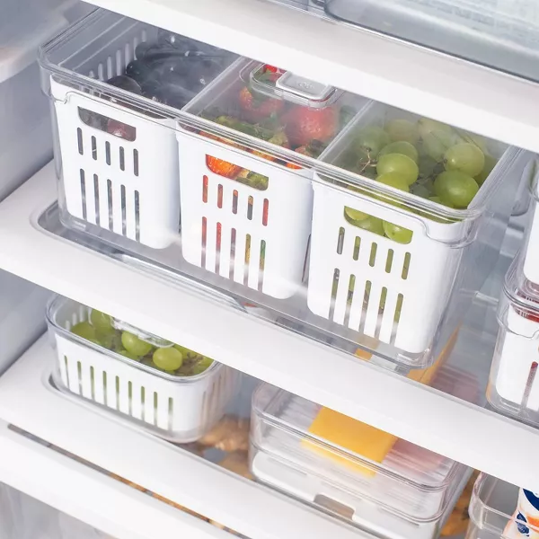 OU Fridge Organizer Bin w/ Drain Baskets & Vented Lid, 5.3qt Clear Stackable Refrigerator Storage Container, BPA Free