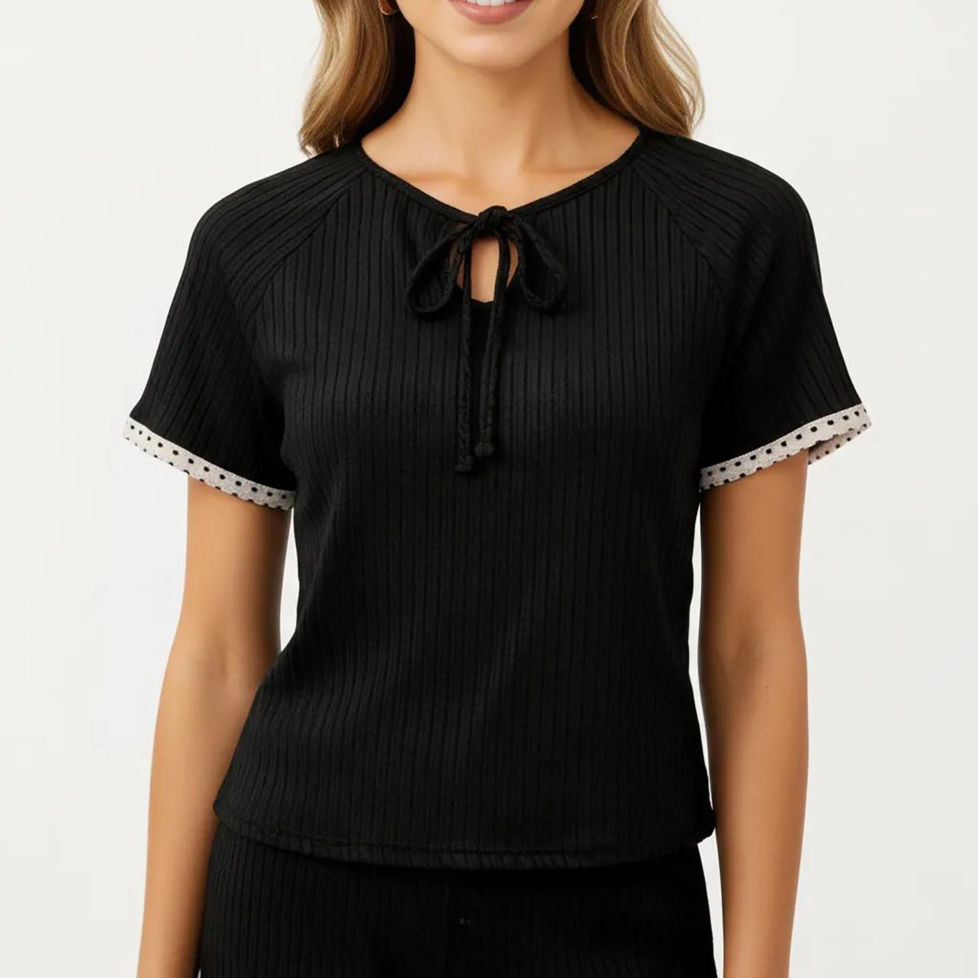 Anna-Kaci Women's 2-Piece Ribbed Pajama Top with Tie Neck Detail and Ruffle Hem Shorts Sleepwear Set
