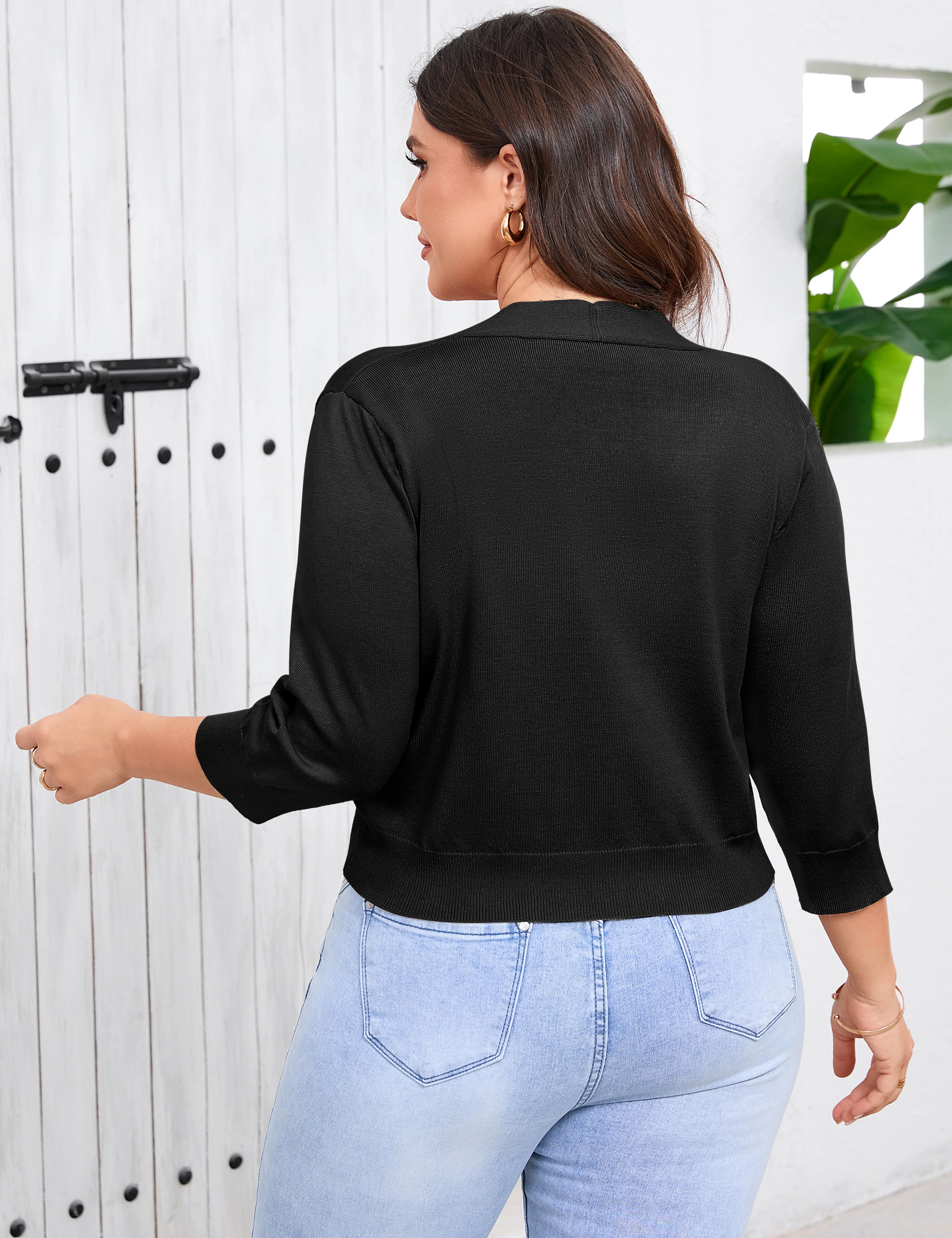 KOJOOIN Women's Plus Shrugs 3/4 Sleeve Cropped Cardigan Lightweight Knit Sweaters Bolero