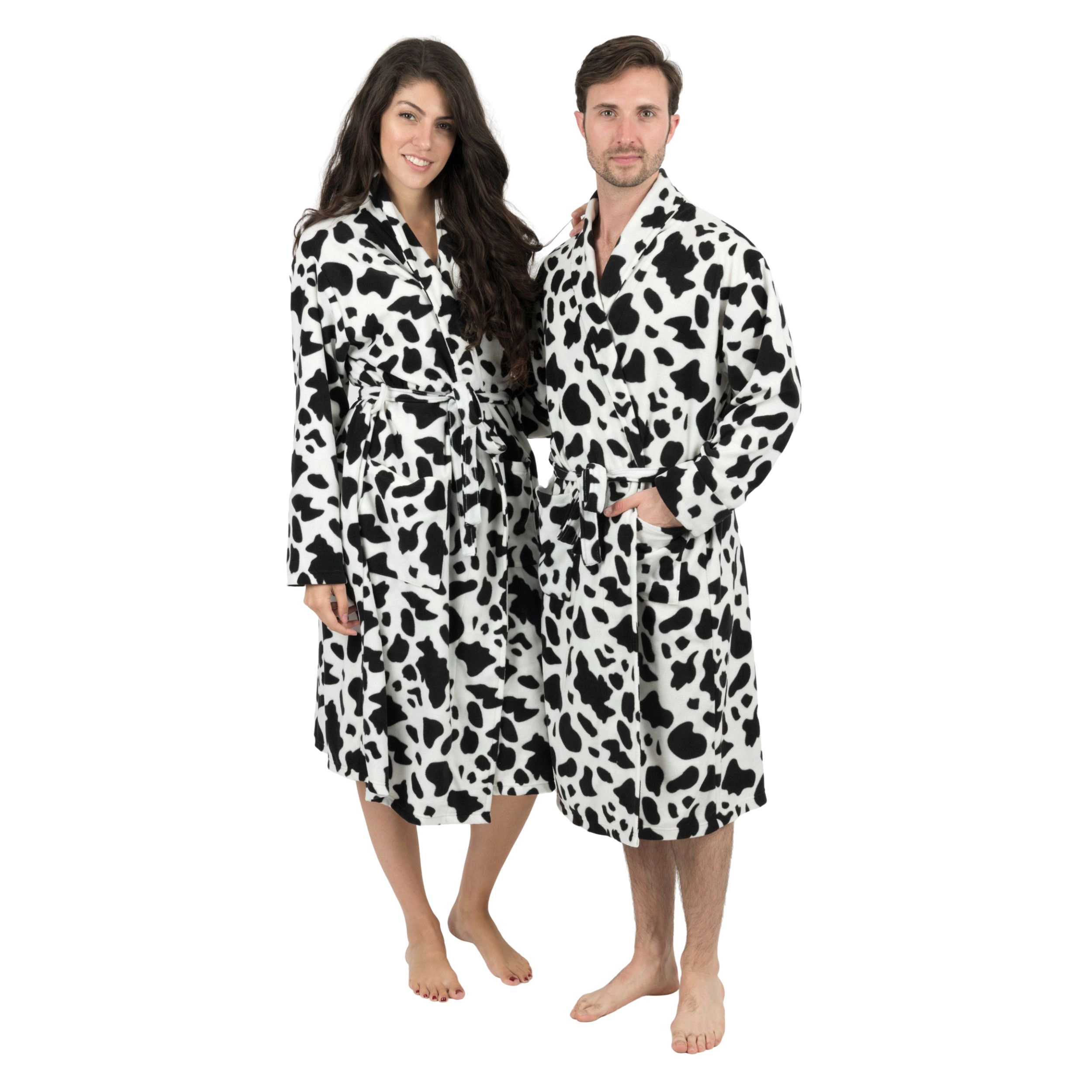 Leveret Womens Black & White Cow Print Micro Fleece Robe