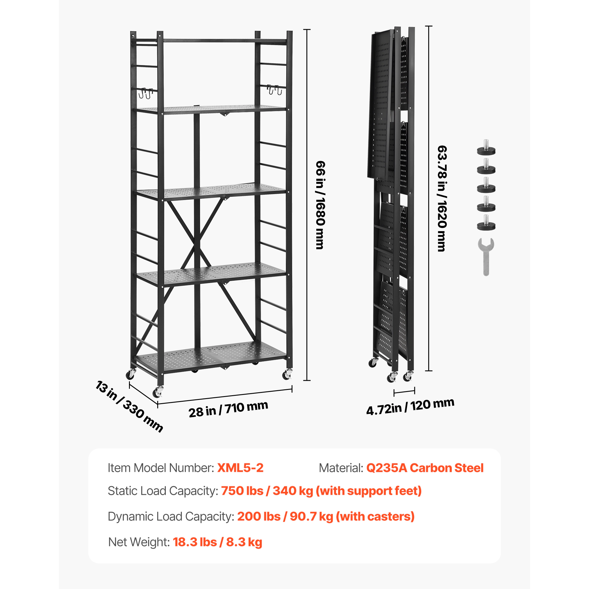 HONGGE Foldable Storage Shelf Folding Metal Rack Shelving Unit No Assembly Organizer Shelf with 5 Wheels & 4 Hooks for