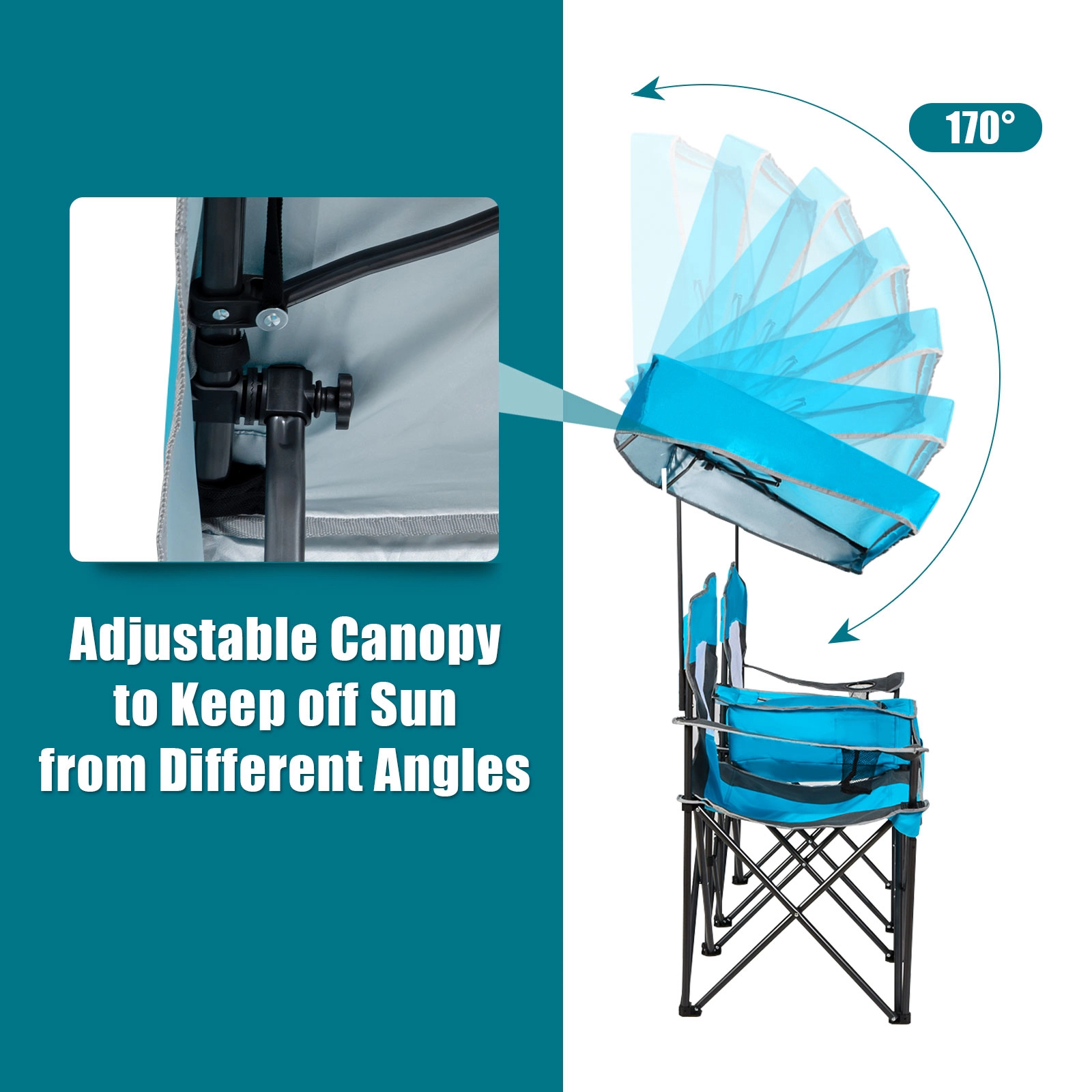 SUGIFT Blue Double Folding Camping Chair with Adjustable Canopy and Cooler Bag 55.5-in W 28.5-in D 265-lb Per Seat