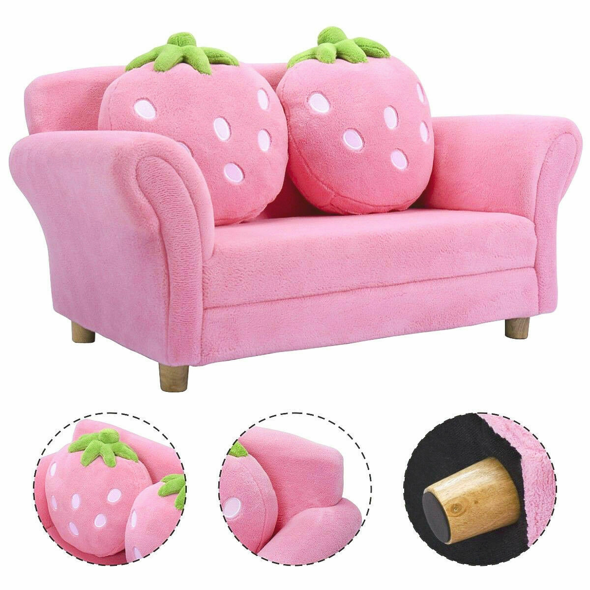 SUGIFT Kids Strawberry Armrest Sofa Chair with Storage Arms 132-lb Capacity Ages 3-7 Pink with 2 Strawberry Pillows