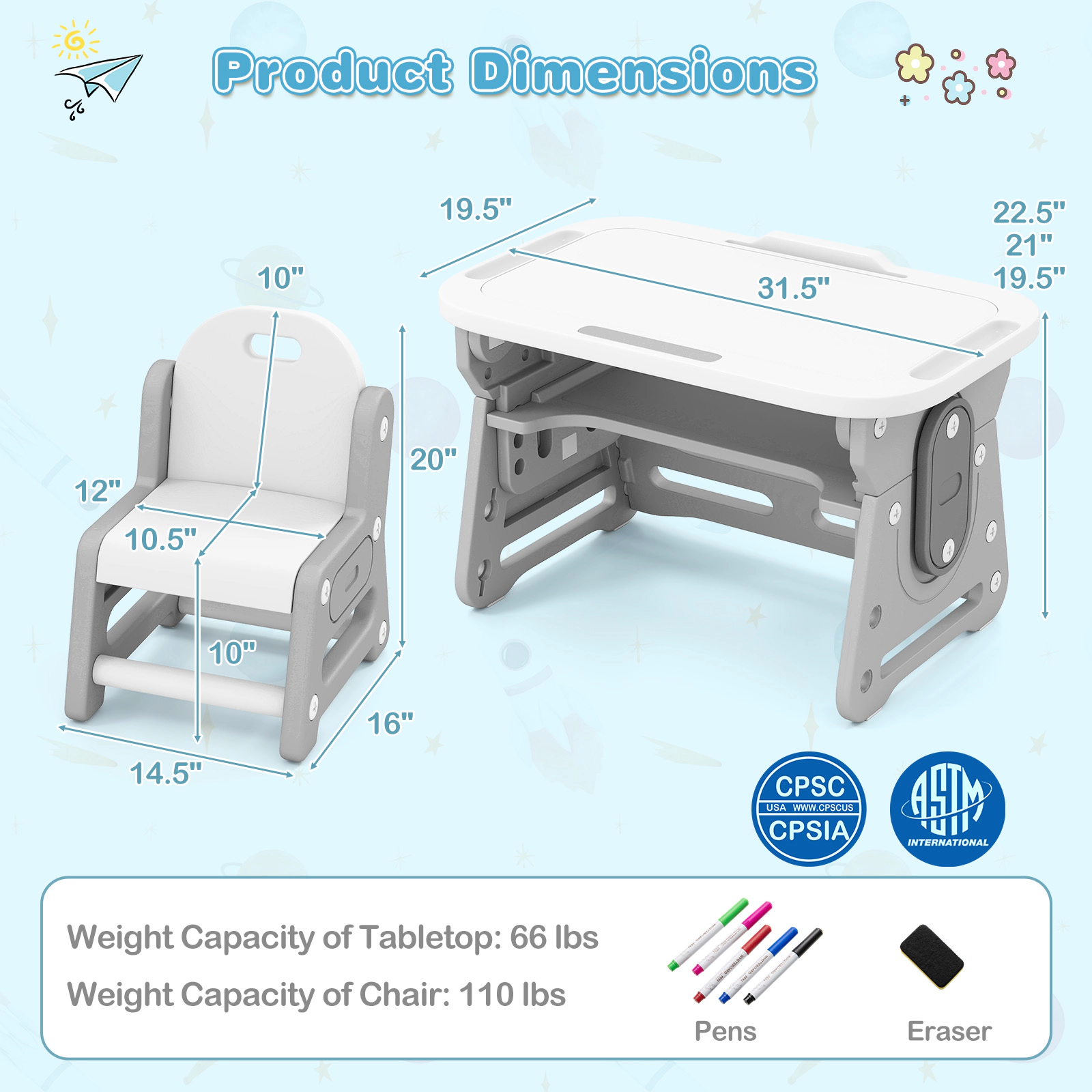 SUGIFT Height Adjustable Kids Table and Chair Set with Tiltable Whiteboard and Concave Shelf 66-lb Tabletop Blue/Gray