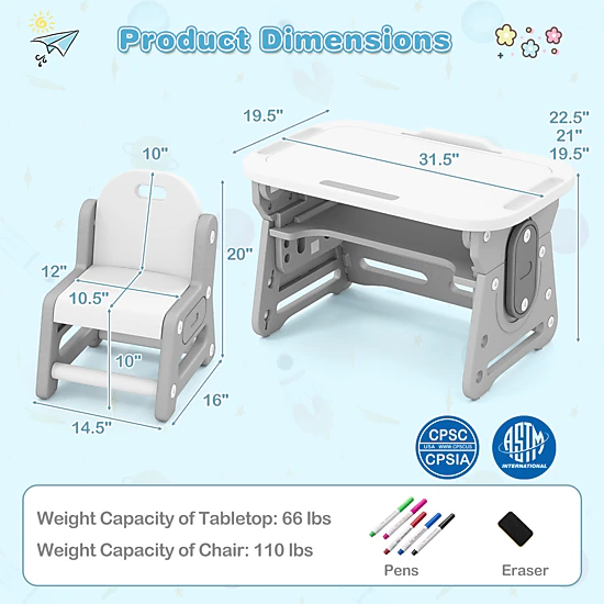 SUGIFT Height Adjustable Kids Table and Chair Set with Tiltable Whiteboard and Concave Shelf 66-lb Tabletop Blue/Gray