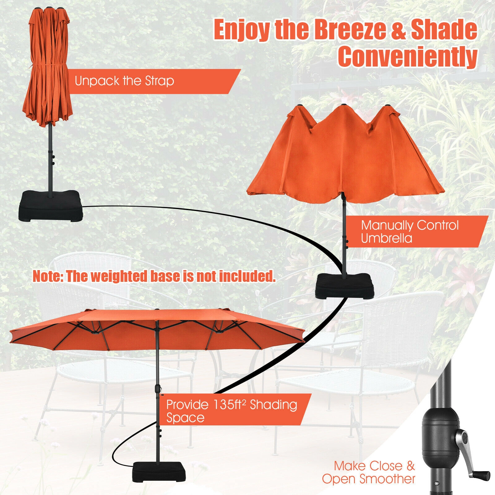 SUGIFT Double-Sided Patio Umbrella with Hand-Crank System 15.4-ft Wide Canopy Steel Frame Orange