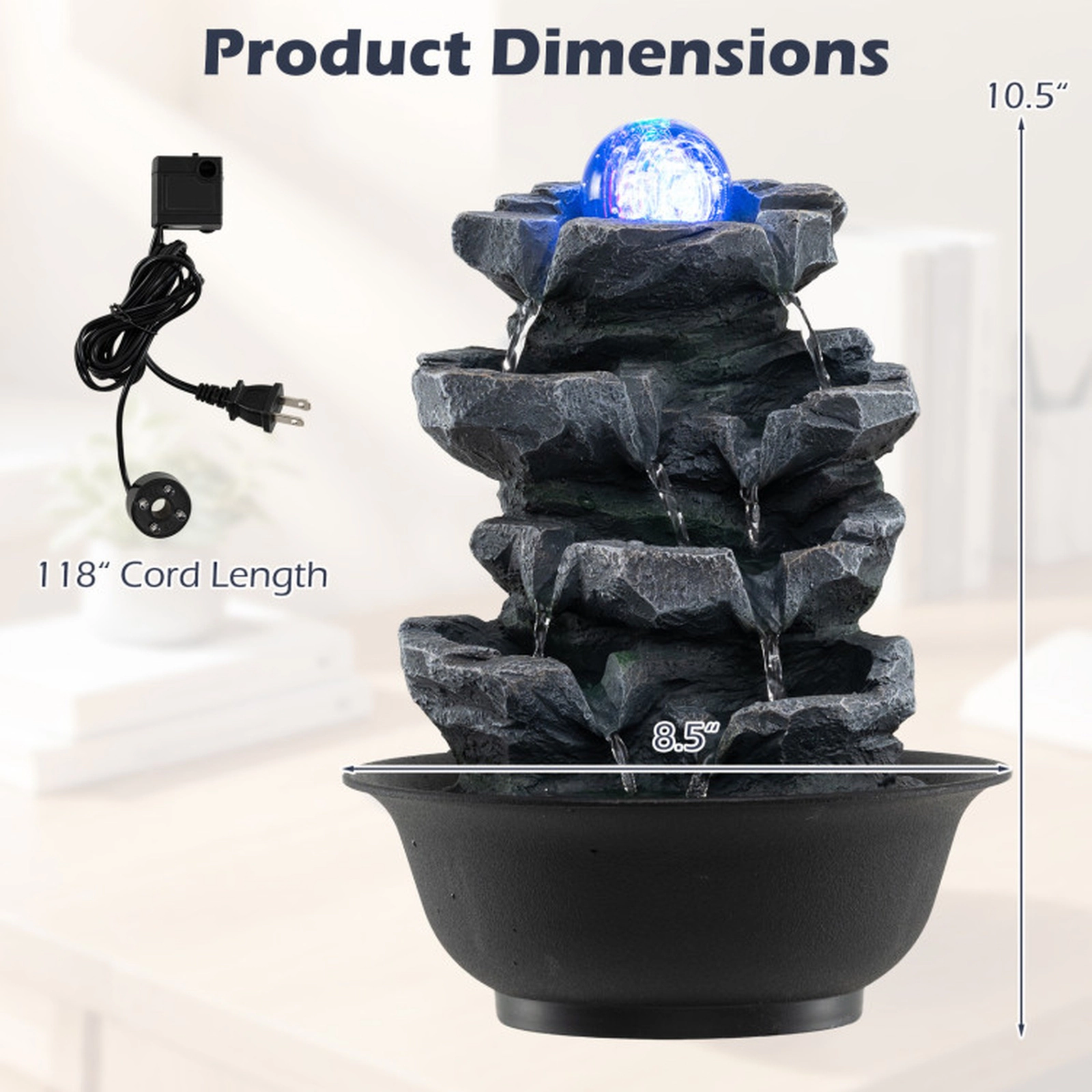 SUGIFT Rolling Crystal Ball Tabletop Water Fountain Color-Changing LED Light PP Resin 8.5 x 10.5-in 2.5-lb Black