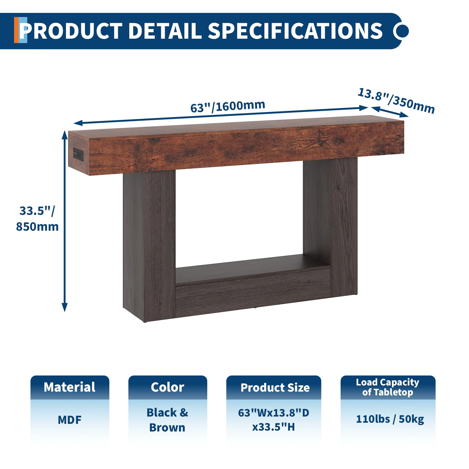 BebreezChic 63" Farmhouse Console Table with Charging Station, 2-Tier Narrow Entryway Sofa Table with Shelf