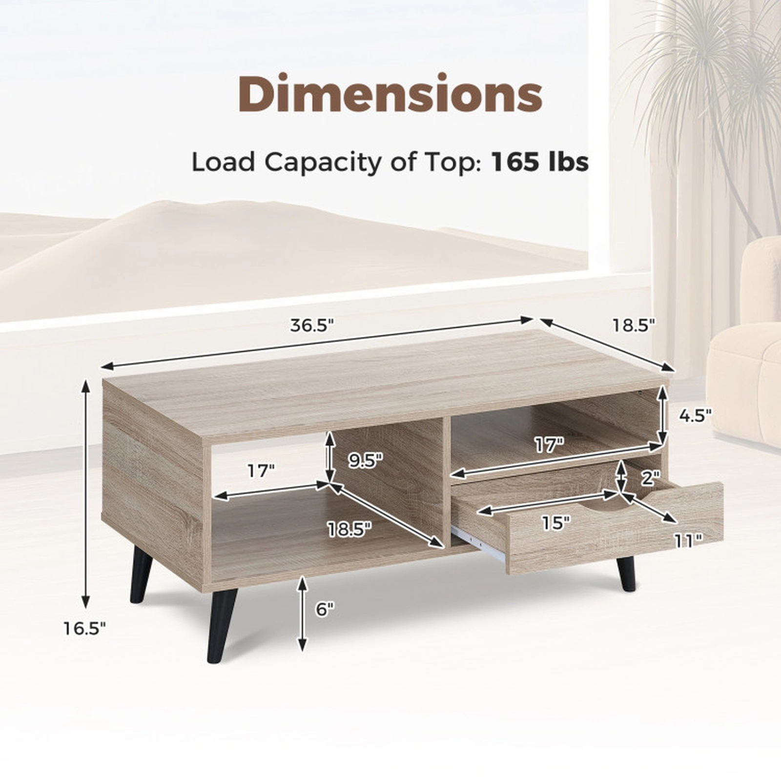 SUGIFT Storage Coffee Table Rectangle Center Table 165-lb Top Capacity Natural/Walnut