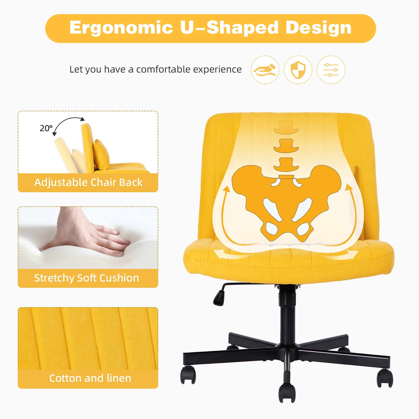 Platinum-Level Office Chairs Yellow Linen Criss-Cross Office Chair with Wheels, Ergonomic Comfort